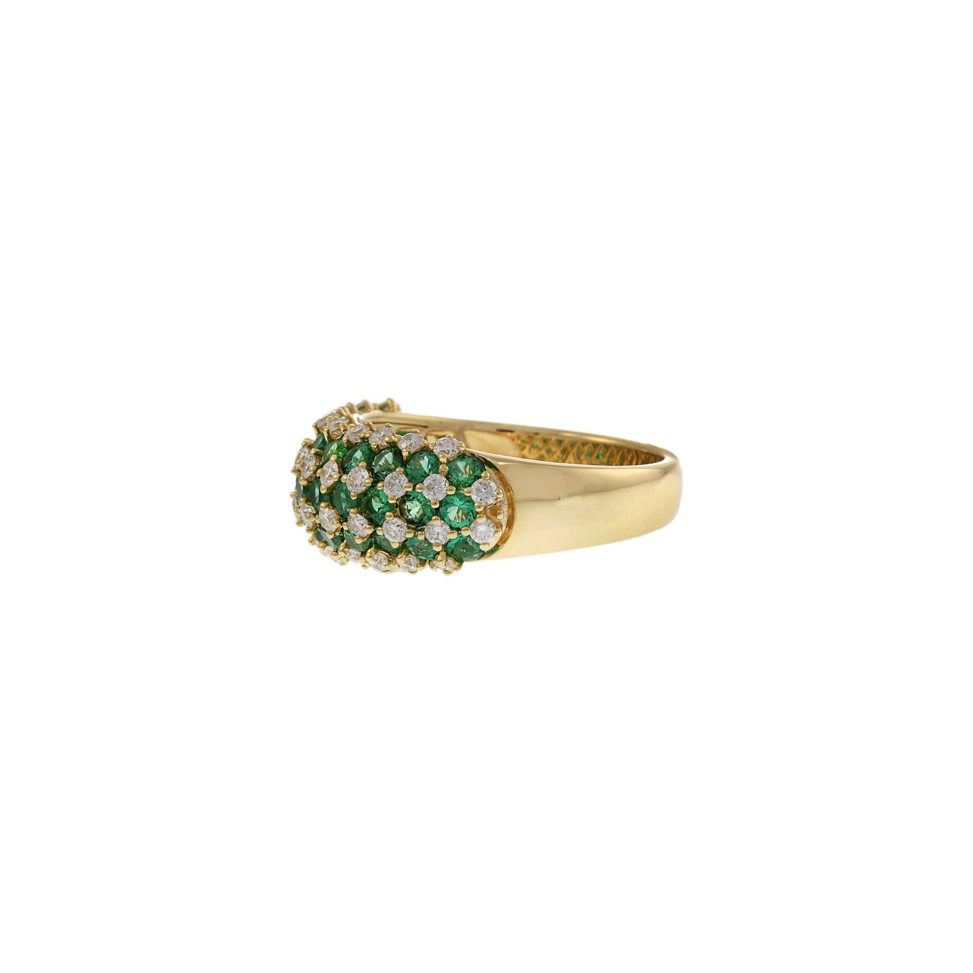 14KT Yellow Gold Checkerboard Emeralds and Diamond Dome Ring