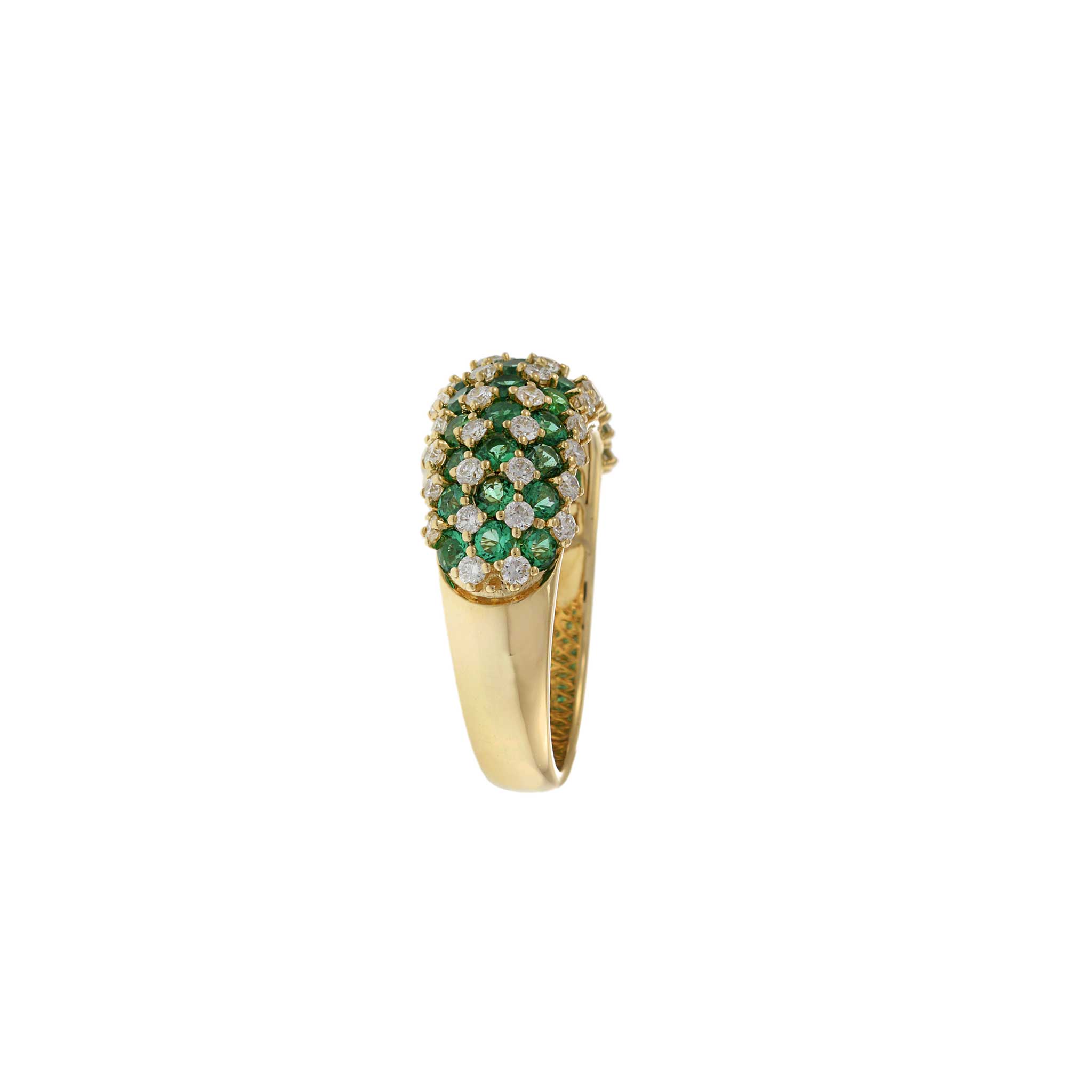 14KT Yellow Gold Checkerboard Emeralds and Diamond Dome Ring