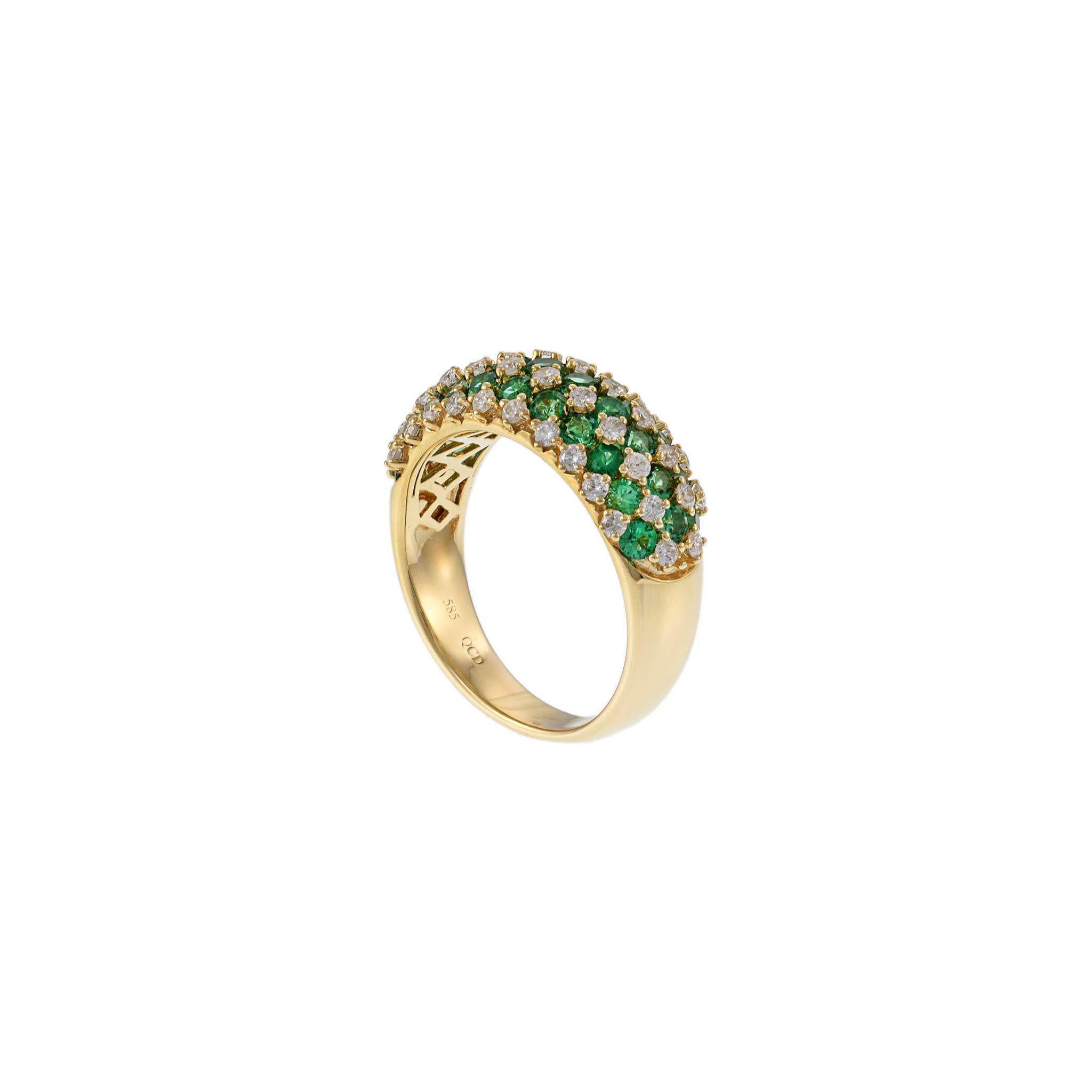 14KT Yellow Gold Checkerboard Emeralds and Diamond Dome Ring