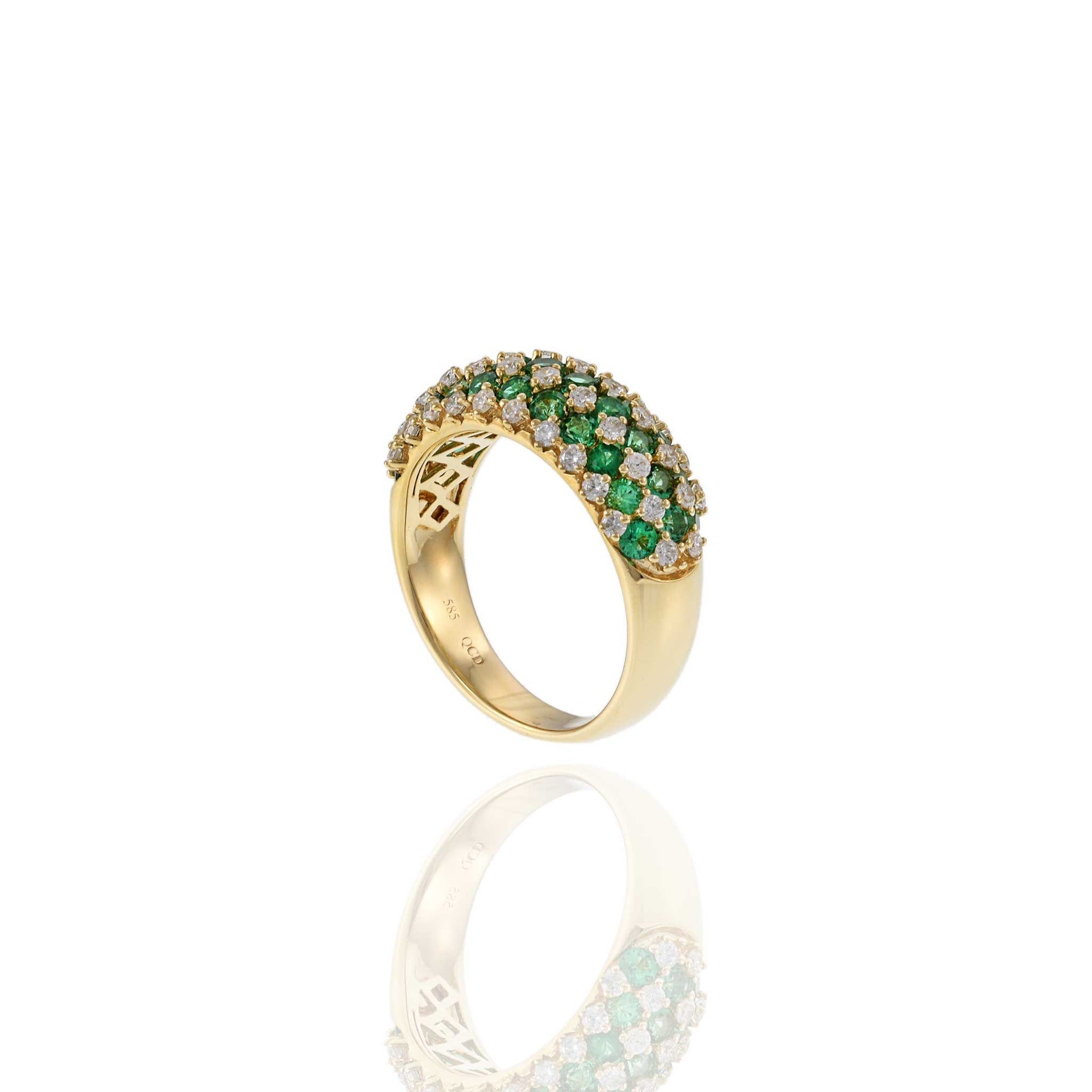 14KT Yellow Gold Checkerboard Emeralds and Diamond Dome Ring