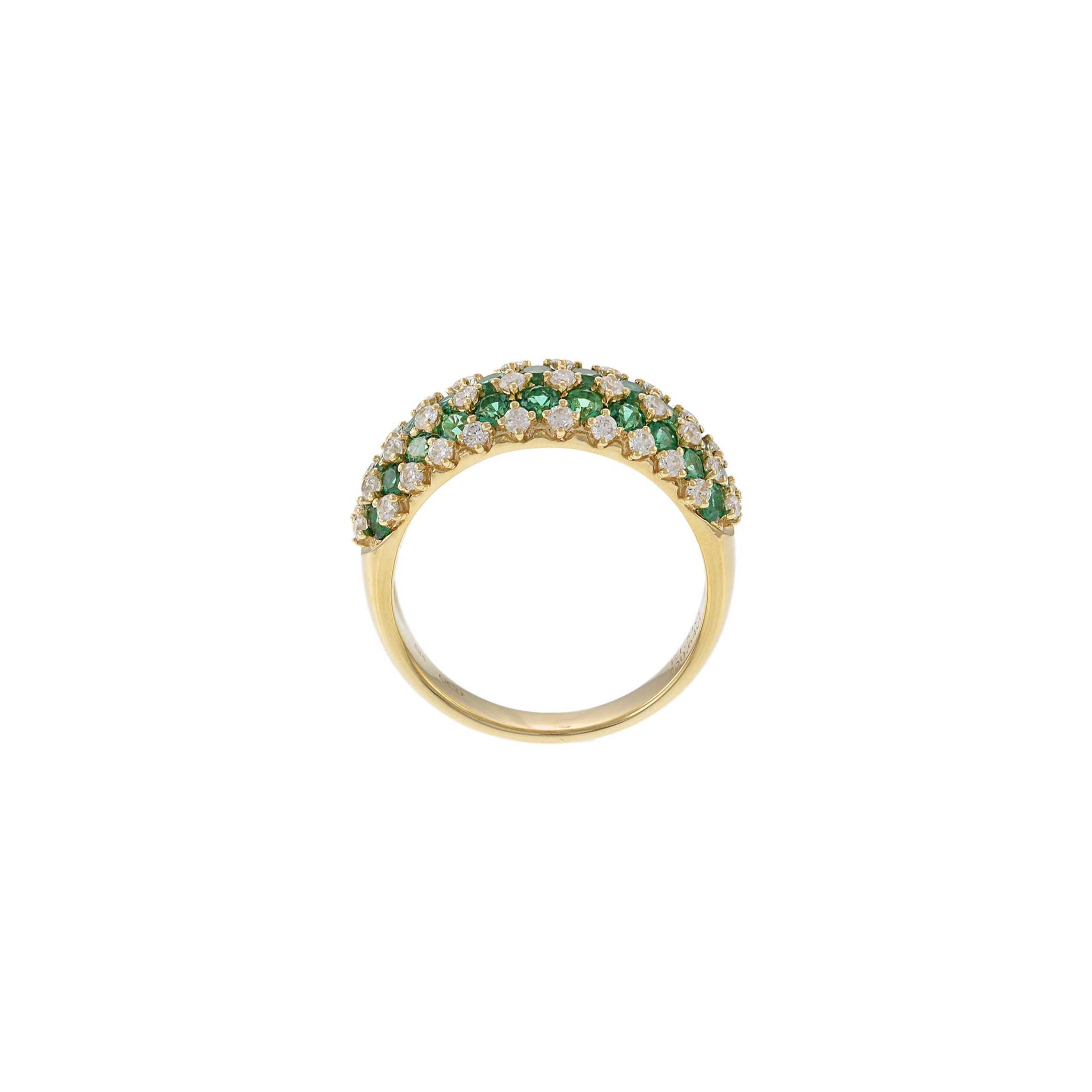 14KT Yellow Gold Checkerboard Emeralds and Diamond Dome Ring