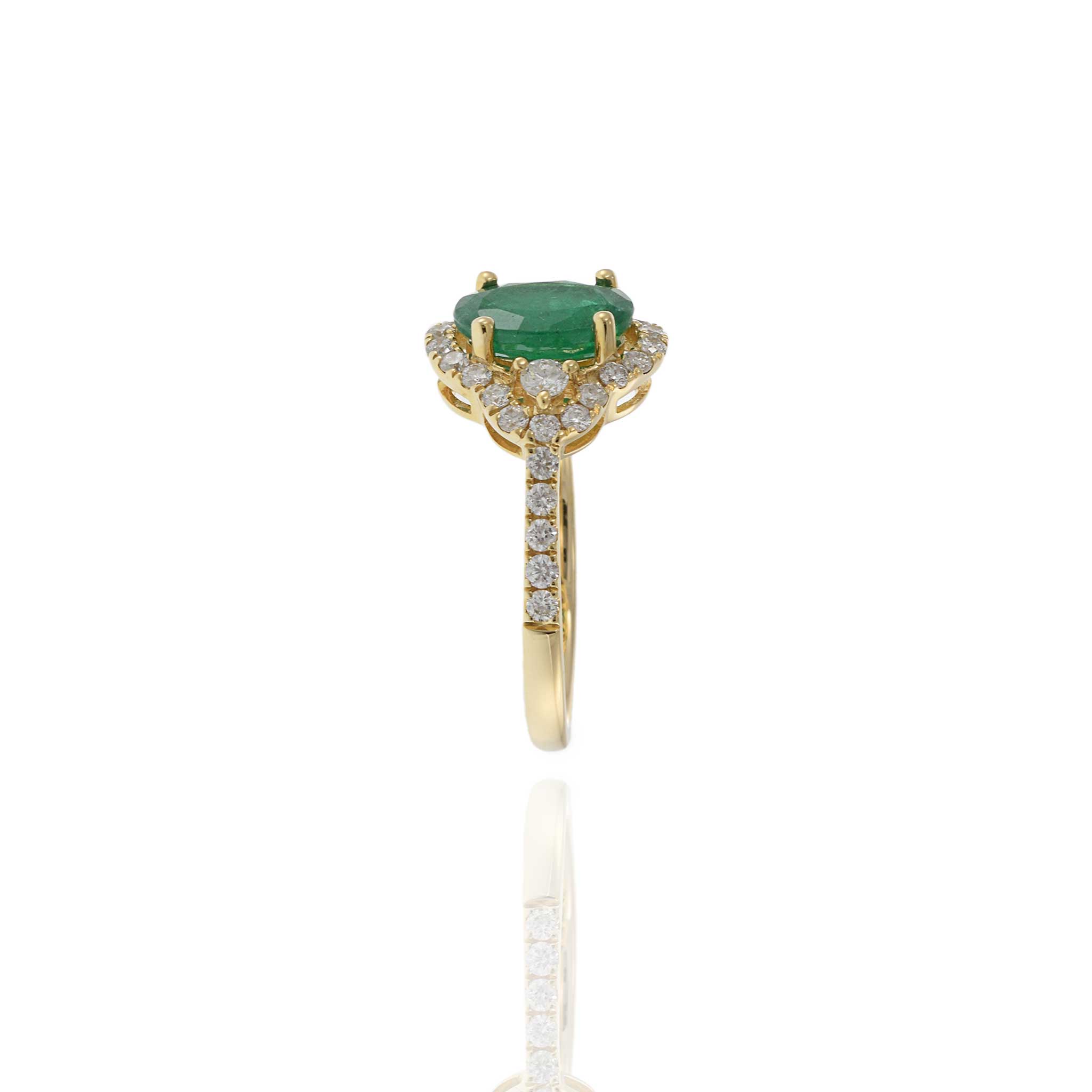 14KT Yellow Gold Oval Cut Emerald and Diamond Halo Ring