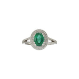 14KT Yellow Gold Oval Cut Emerald and Diamond Double Halo Ring