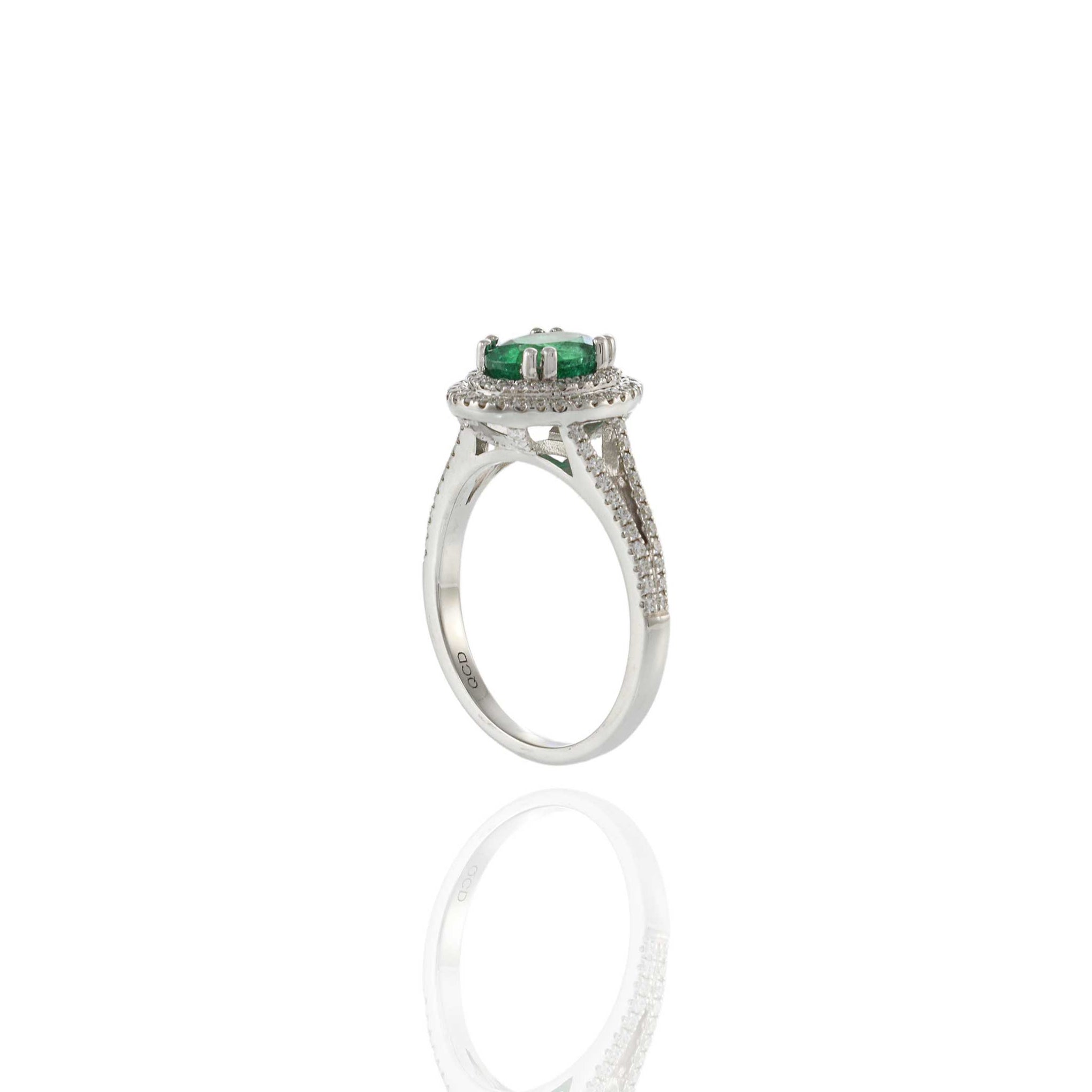 14KT Yellow Gold Oval Cut Emerald and Diamond Double Halo Ring