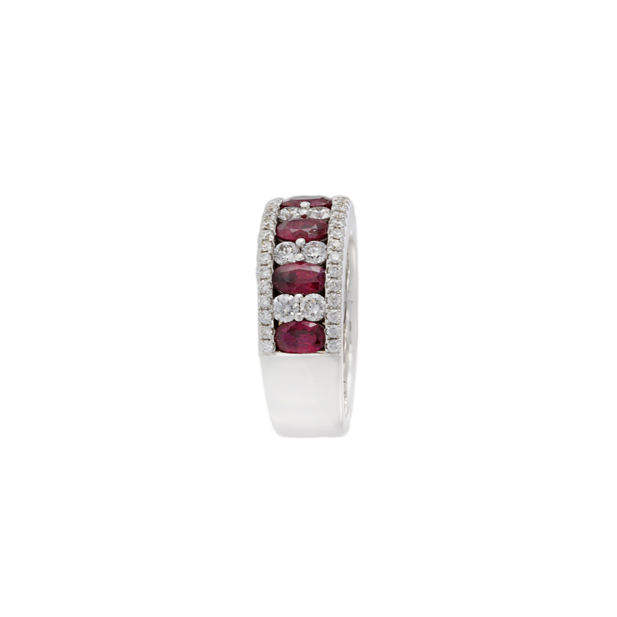 14KT White Gold Ring with Alternating Round Cut Diamonds and Rubies