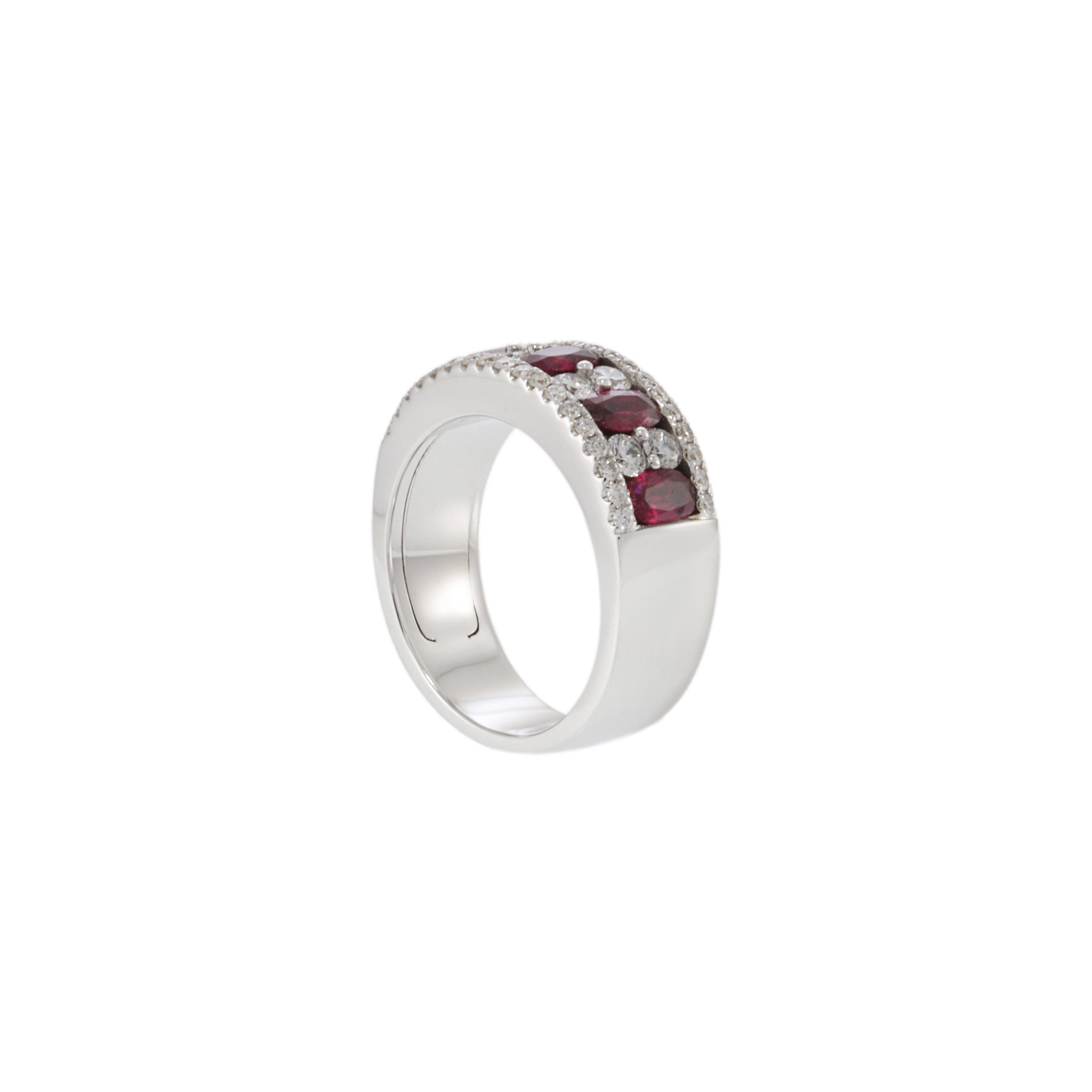 14KT White Gold Ring with Alternating Round Cut Diamonds and Rubies