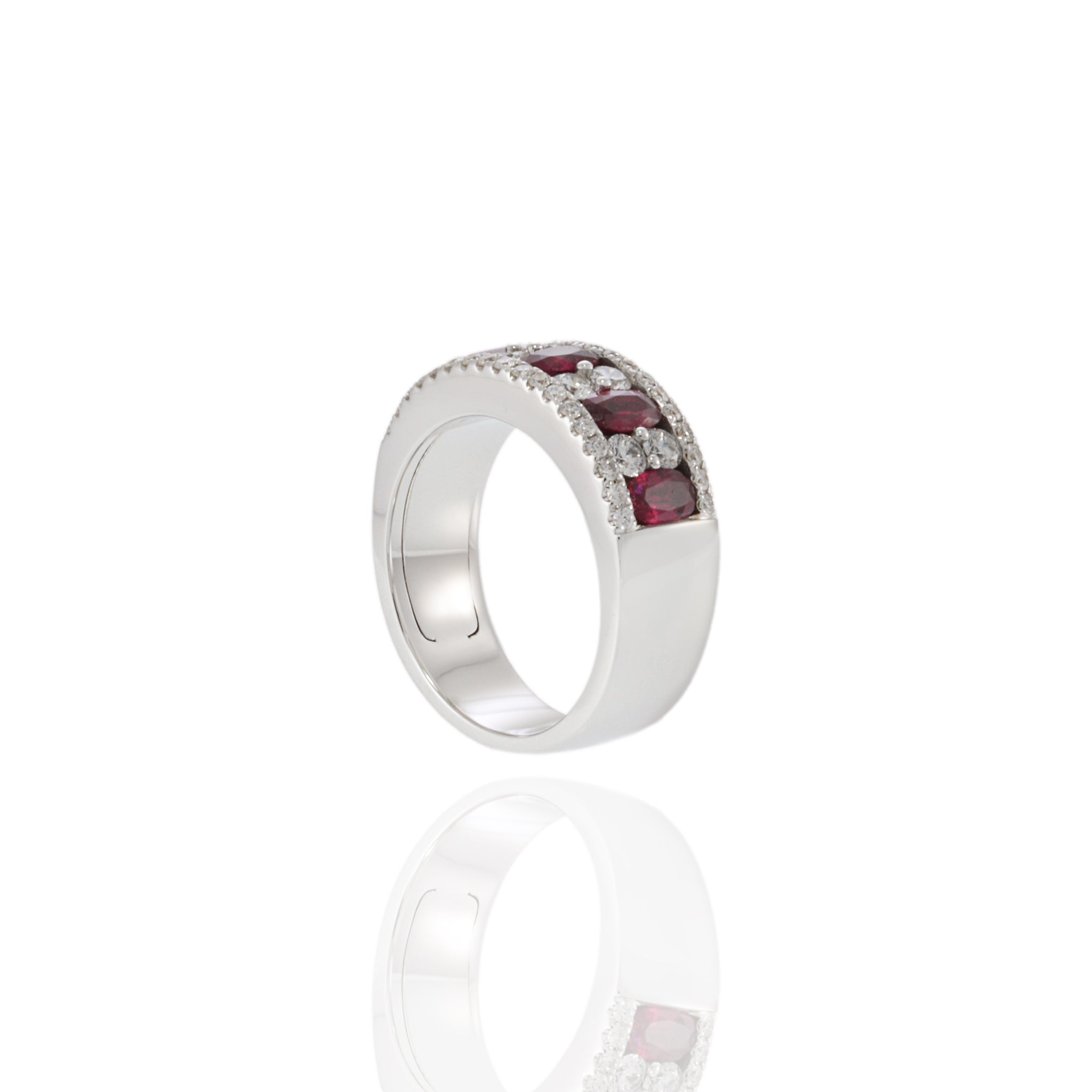 14KT White Gold Ring with Alternating Round Cut Diamonds and Rubies