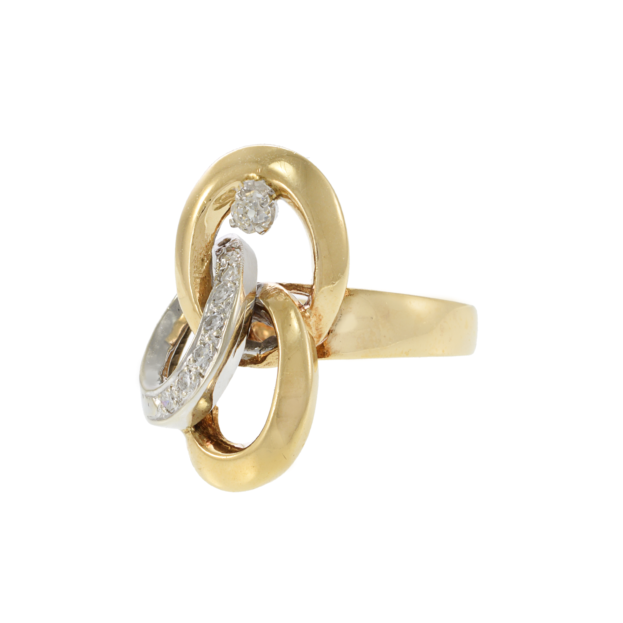 14KT Yellow and White Gold Retro Era Interlocking Diamond Ring