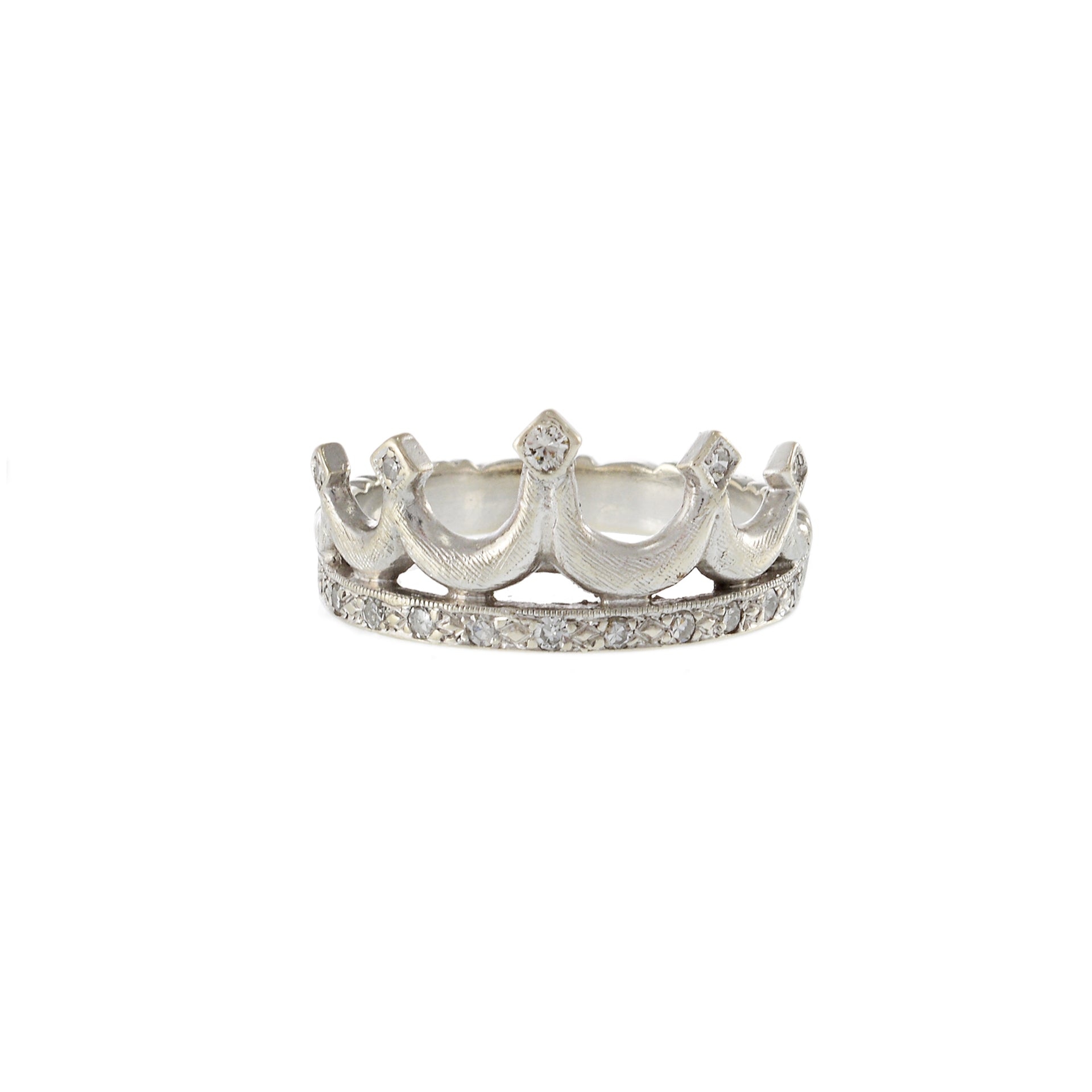 Vintage 14KT White Gold and Round Cut Diamonds Crown Ring