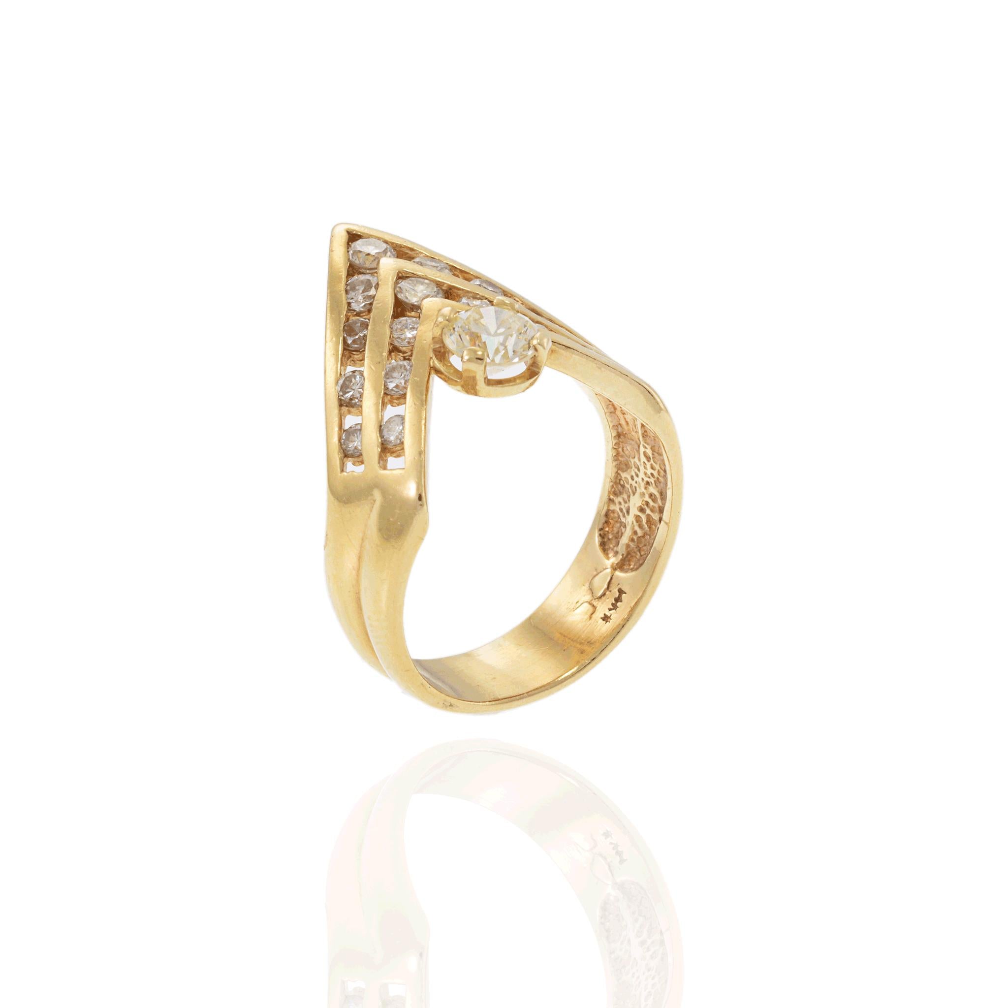 Vintage Retro Era 14KT Yellow Gold Chevron Design Diamond Ring