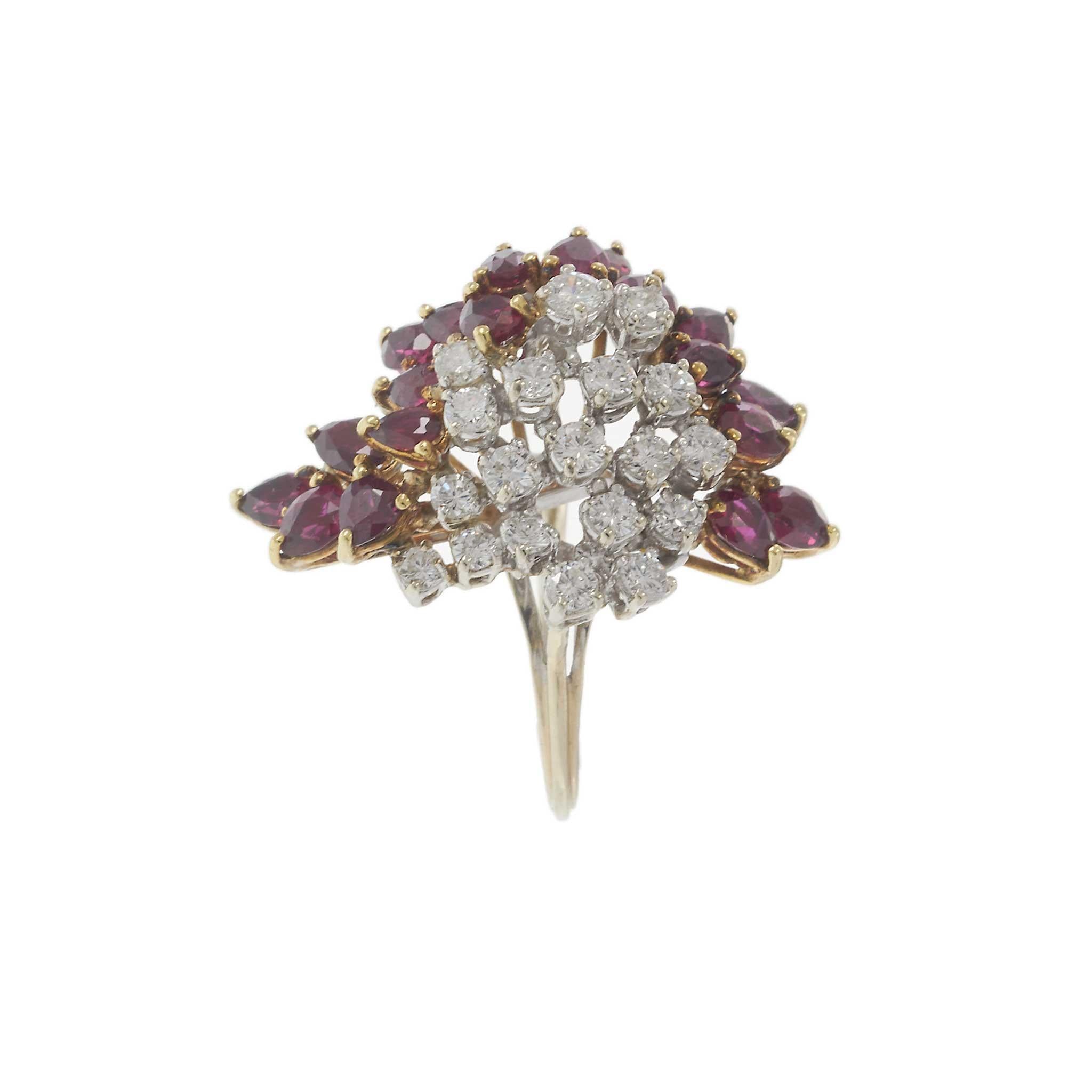 Vintage Retro Era 14KT Yellow Gold Ruby and Diamond Cluster Ring