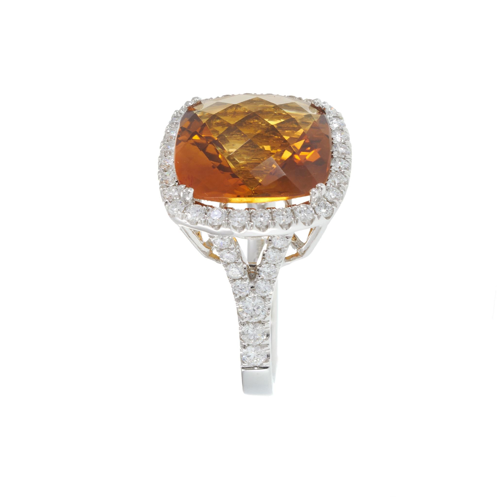 14KT White Gold Cushion Cut Citrine and Diamond Halo Ring