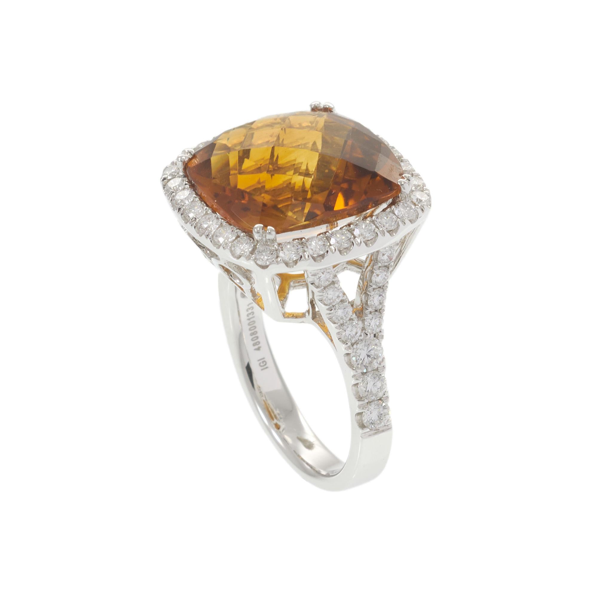 14KT White Gold Cushion Cut Citrine and Diamond Halo Ring