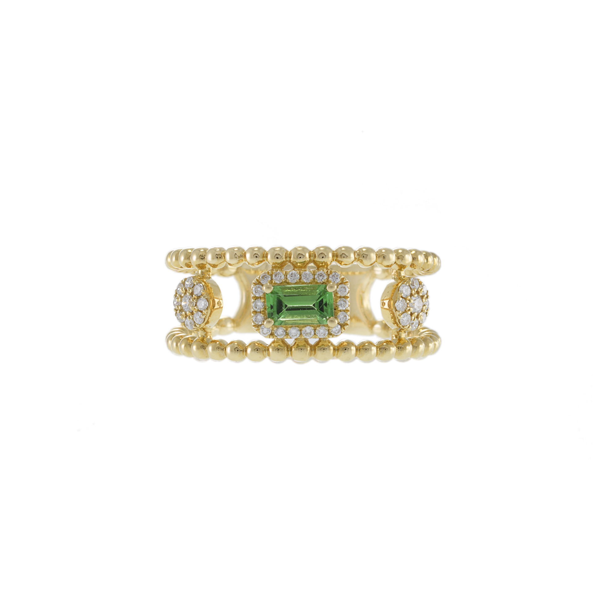 14KT Yellow Gold Green Tourmaline and Diamond Double Row Ring