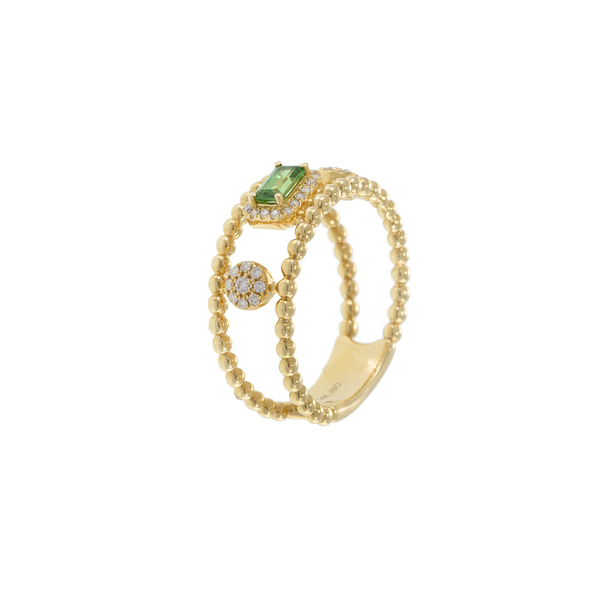 14KT Yellow Gold Green Tourmaline and Diamond Double Row Ring