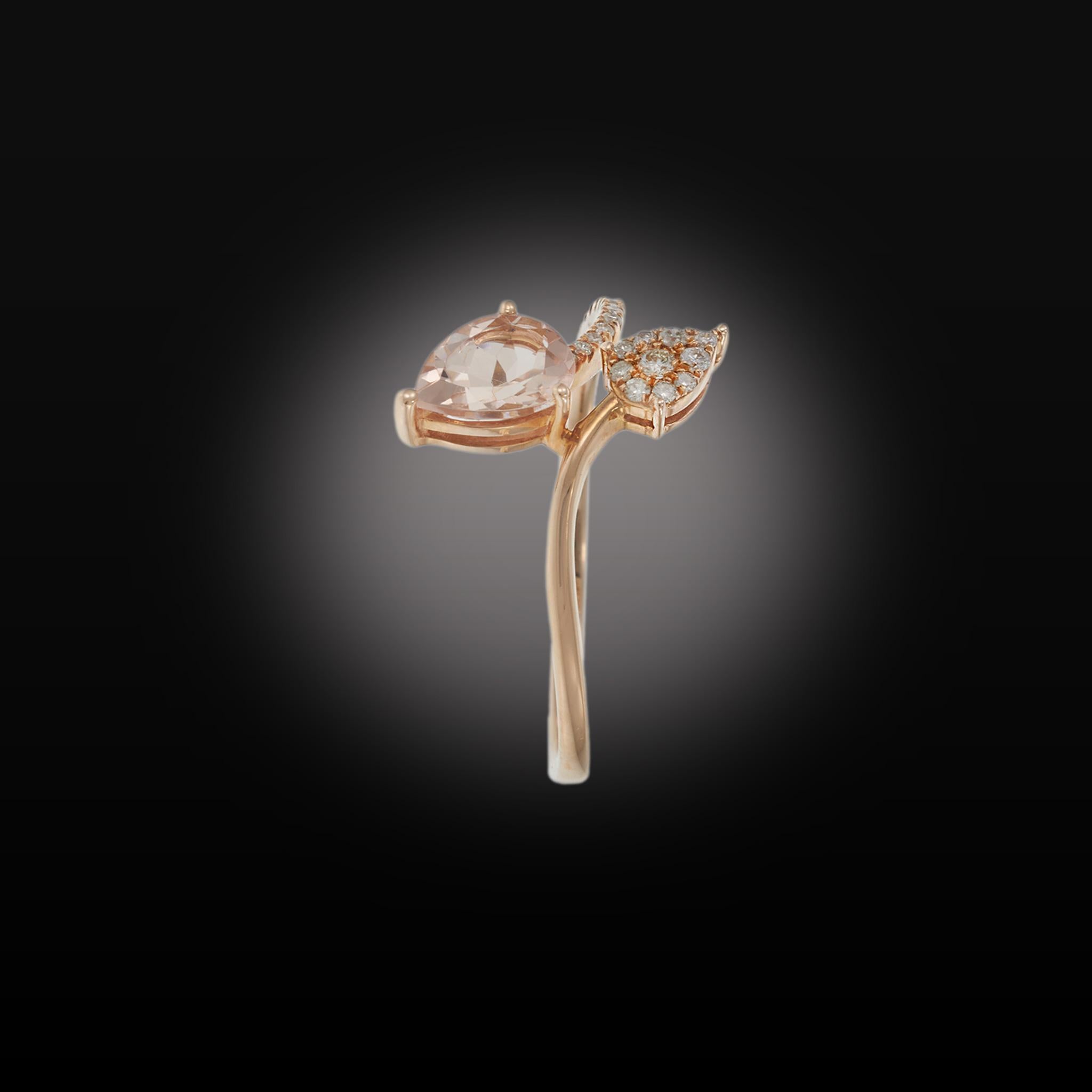 14KT Rose Gold Pear Morganite and Diamond Double Petal Ring