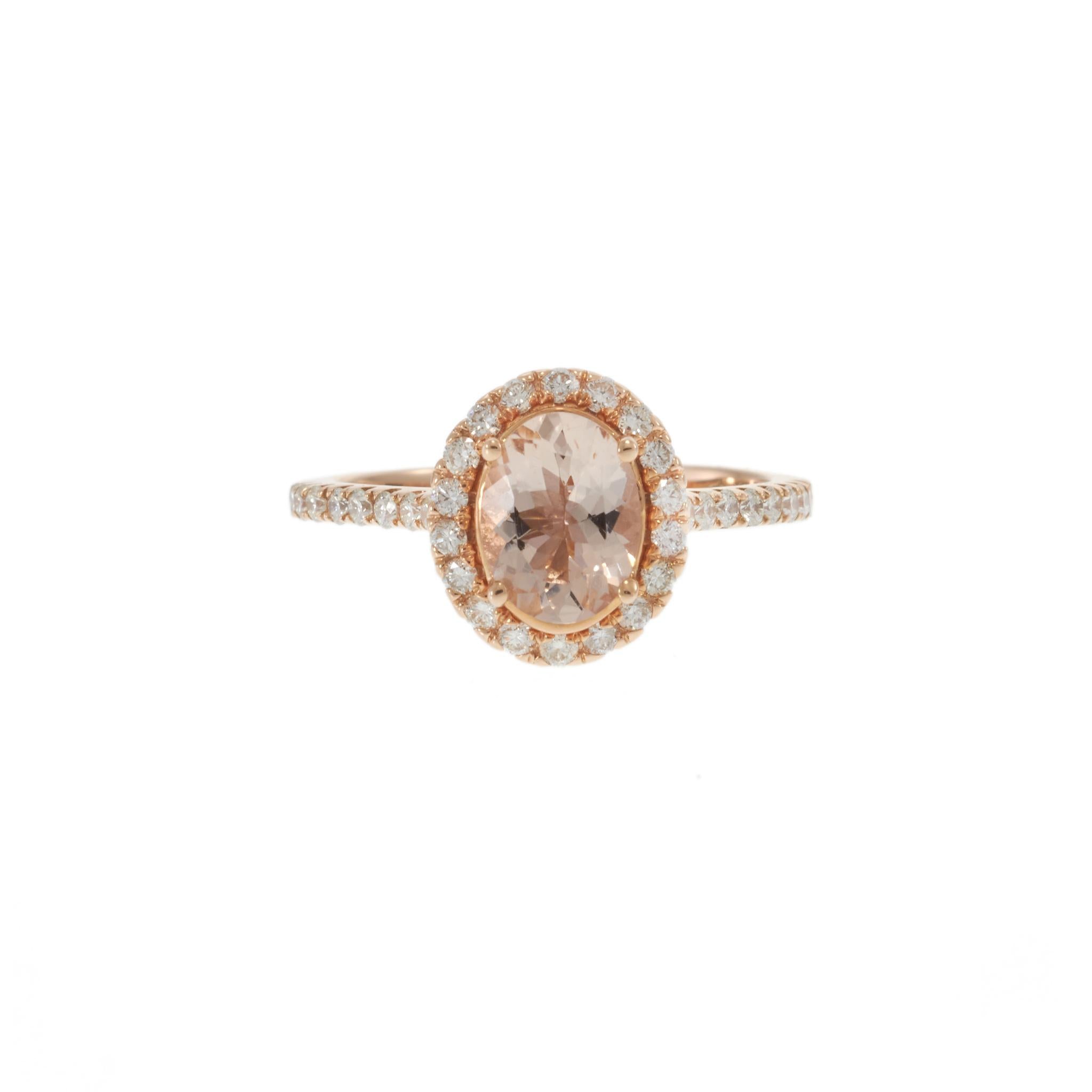 14KT Rose Gold Oval Morganite Ring with Diamond Halo and Shank
