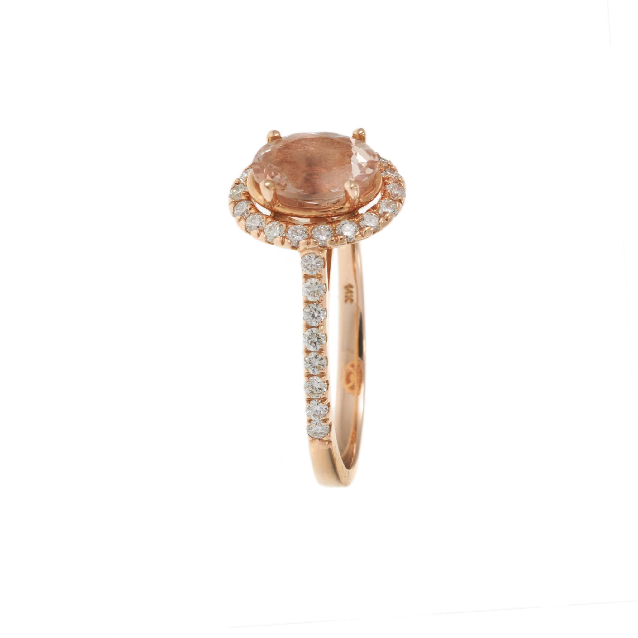 14KT Rose Gold Oval Morganite Ring with Diamond Halo and Shank