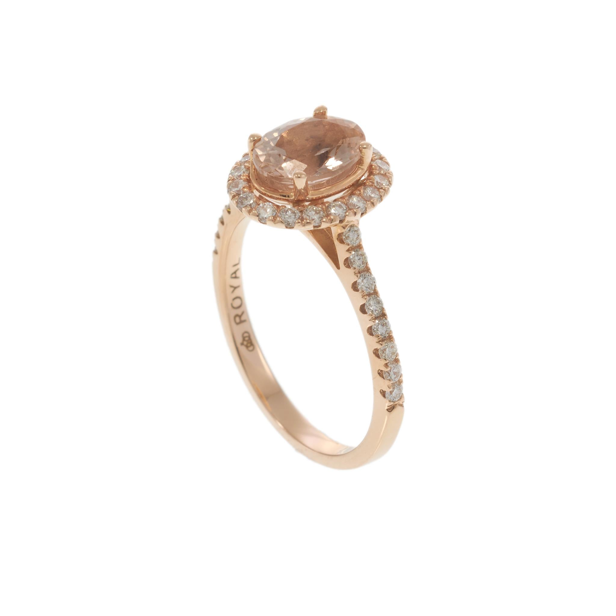 14KT Rose Gold Oval Morganite Ring with Diamond Halo and Shank