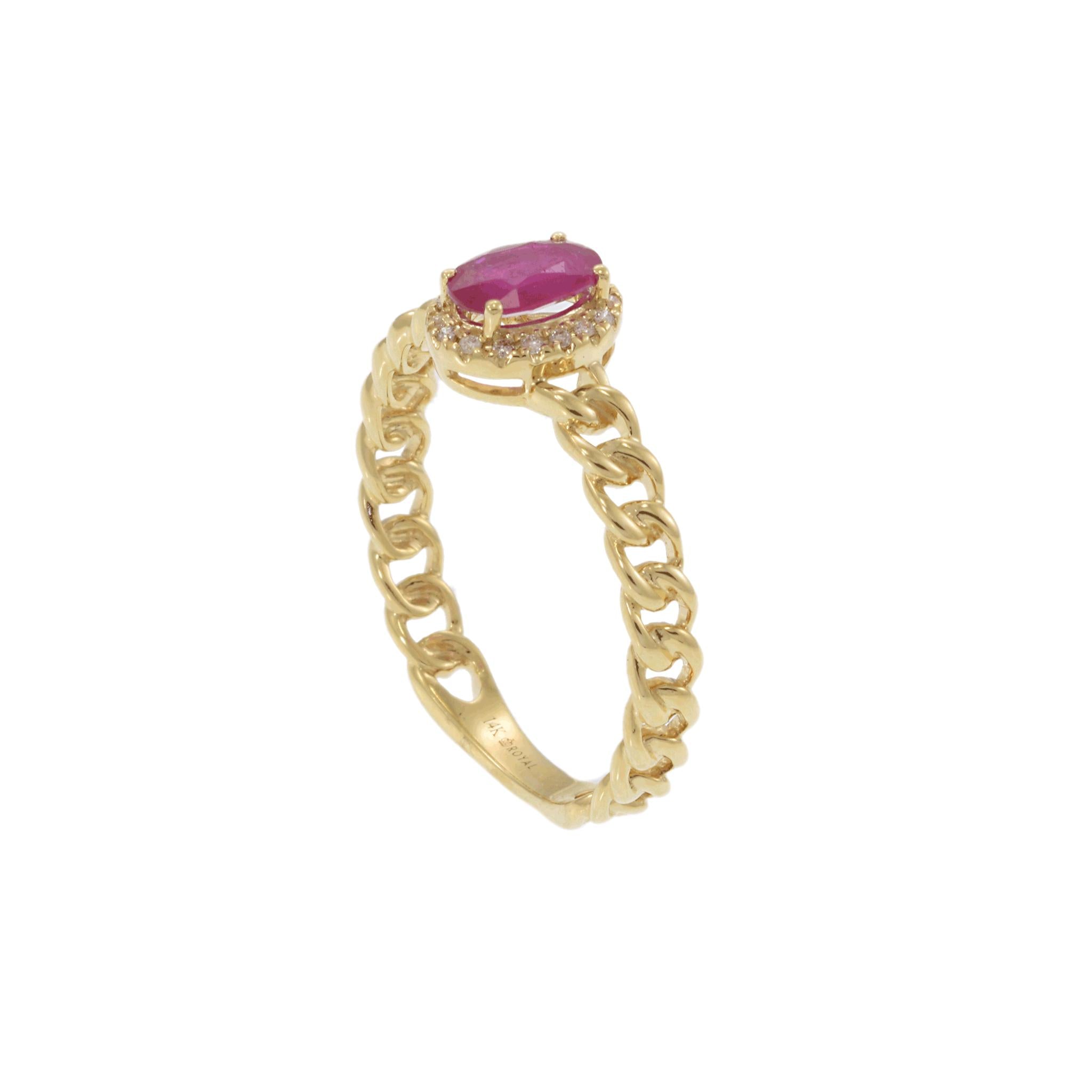 14KT Yellow Gold Chain Link Ruby and Diamond Halo Ring