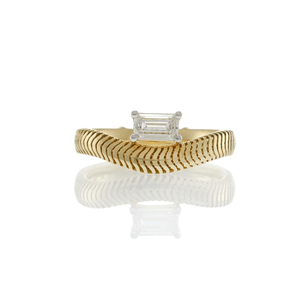 14KT Yellow Gold Herringbone Band with Emerald-Cut Diamond