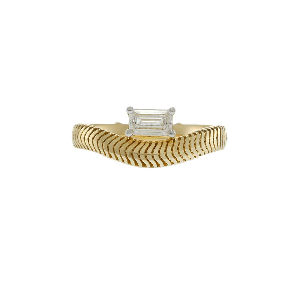 14KT Yellow Gold Herringbone Band with Emerald-Cut Diamond