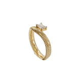 14KT Yellow Gold Herringbone Band with Emerald-Cut Diamond