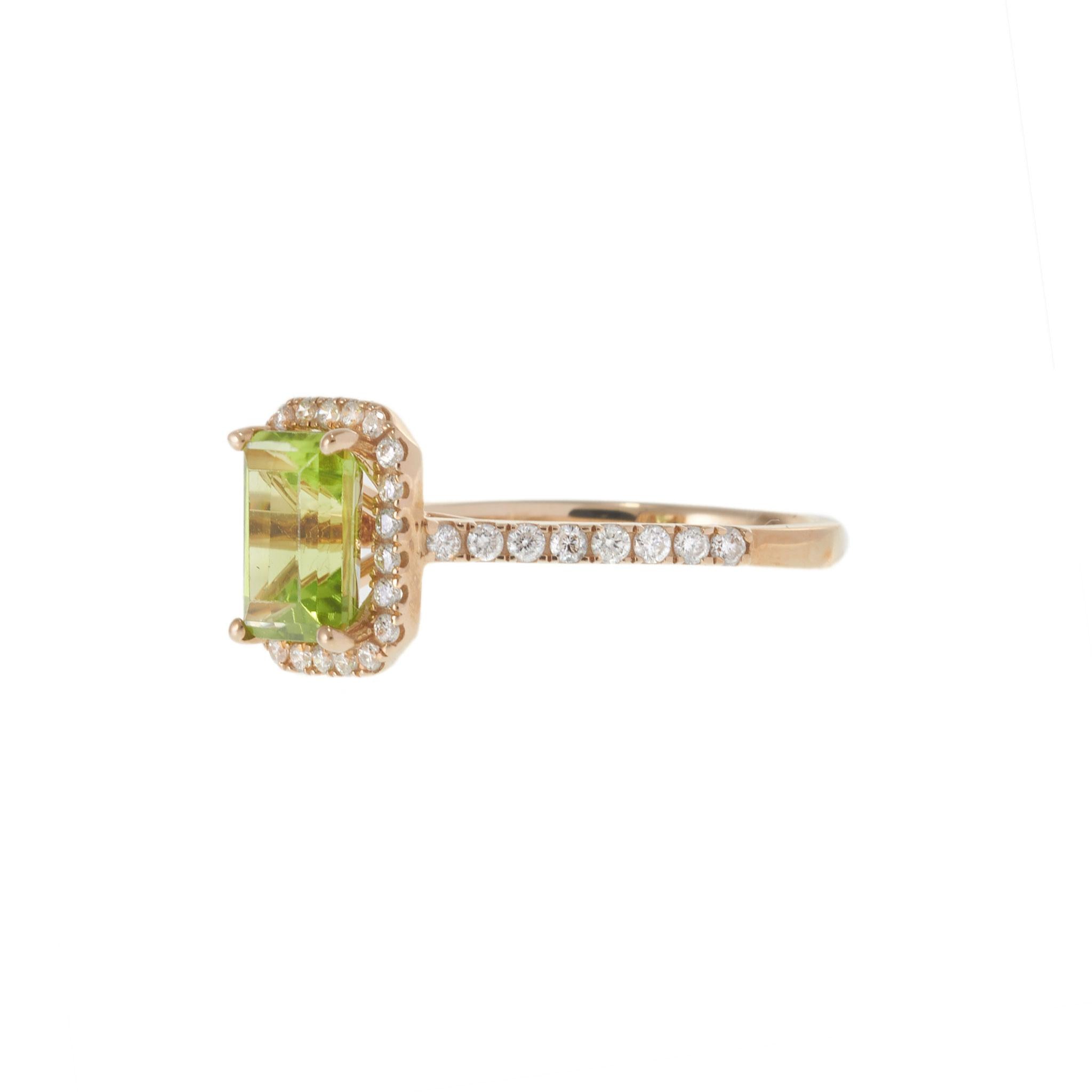 14KT Rose Gold Emerald Cut Peridot Diamond Halo Ring with Diamond Shank