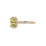 14KT Rose Gold Emerald Cut Peridot Diamond Halo Ring with Diamond Shank