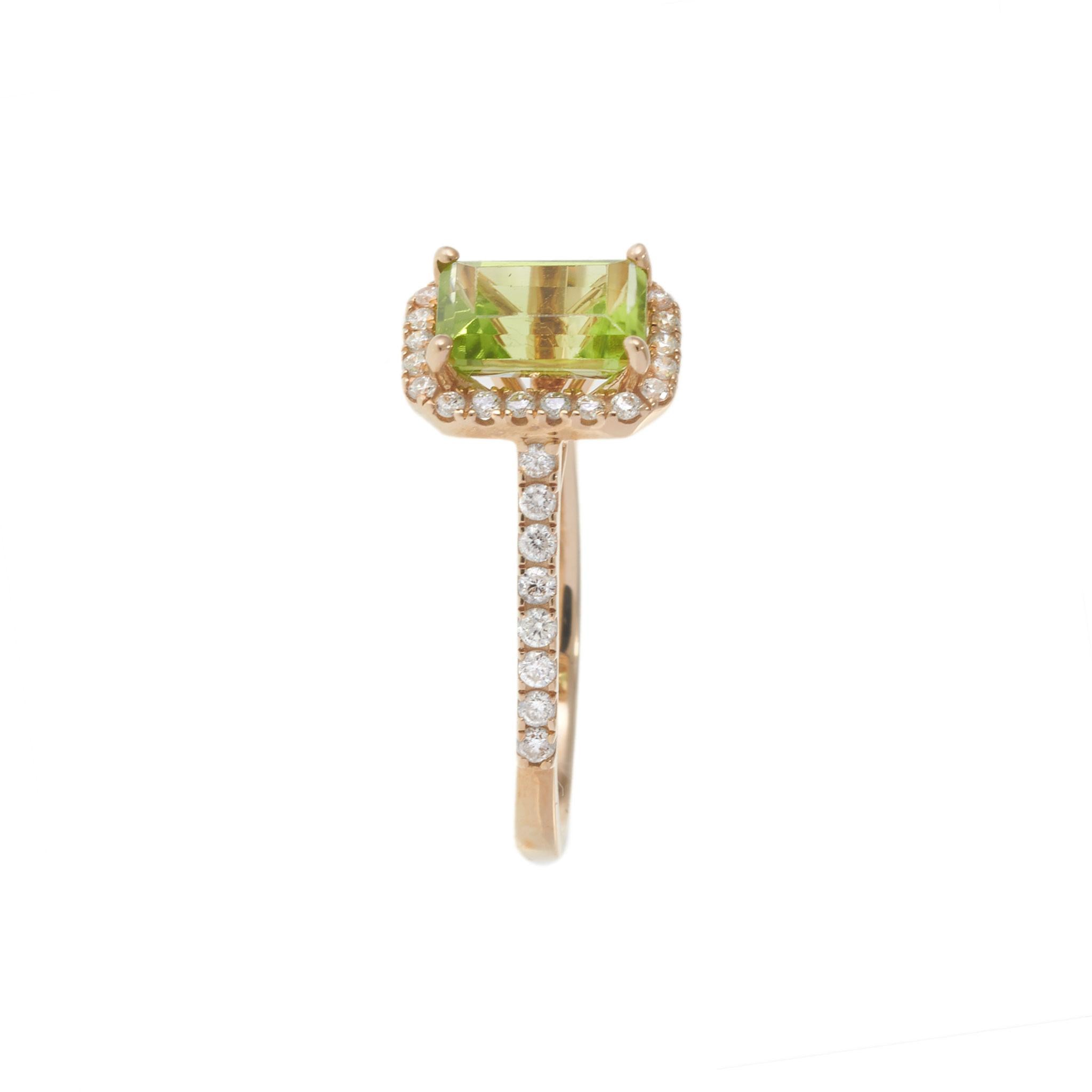 14KT Rose Gold Emerald Cut Peridot Diamond Halo Ring with Diamond Shank