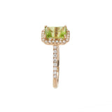 14KT Rose Gold Emerald Cut Peridot Diamond Halo Ring with Diamond Shank