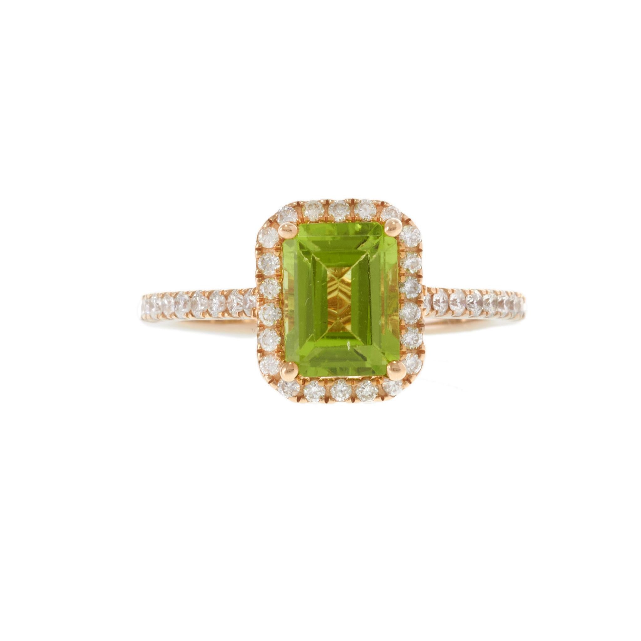 14KT Rose Gold Emerald Cut Peridot Diamond Halo Ring with Diamond Shank
