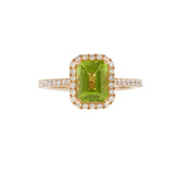 14KT Rose Gold Emerald Cut Peridot Diamond Halo Ring with Diamond Shank