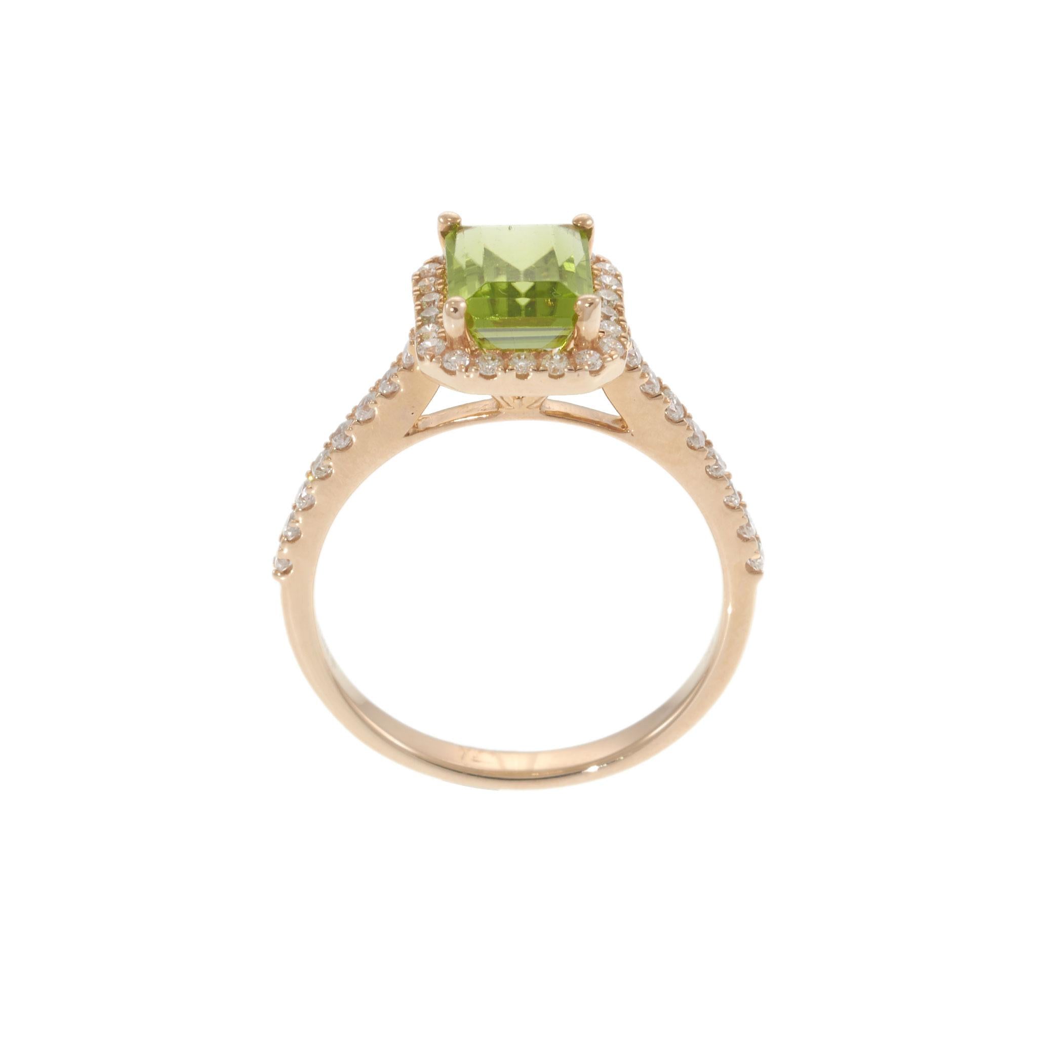 14KT Rose Gold Emerald Cut Peridot Diamond Halo Ring with Diamond Shank