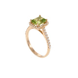14KT Rose Gold Emerald Cut Peridot Diamond Halo Ring with Diamond Shank