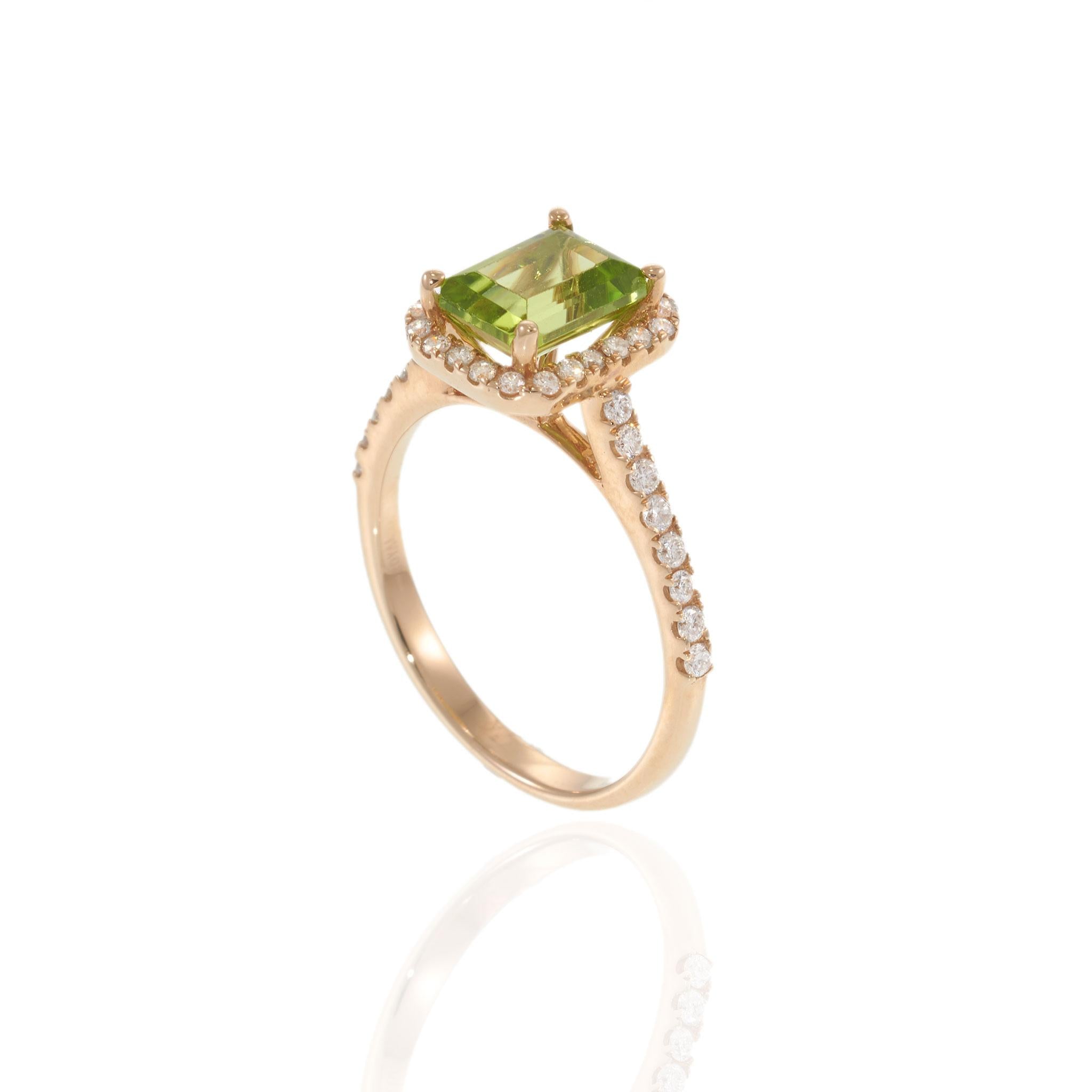 14KT Rose Gold Emerald Cut Peridot Diamond Halo Ring with Diamond Shank