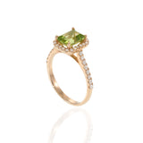 14KT Rose Gold Emerald Cut Peridot Diamond Halo Ring with Diamond Shank