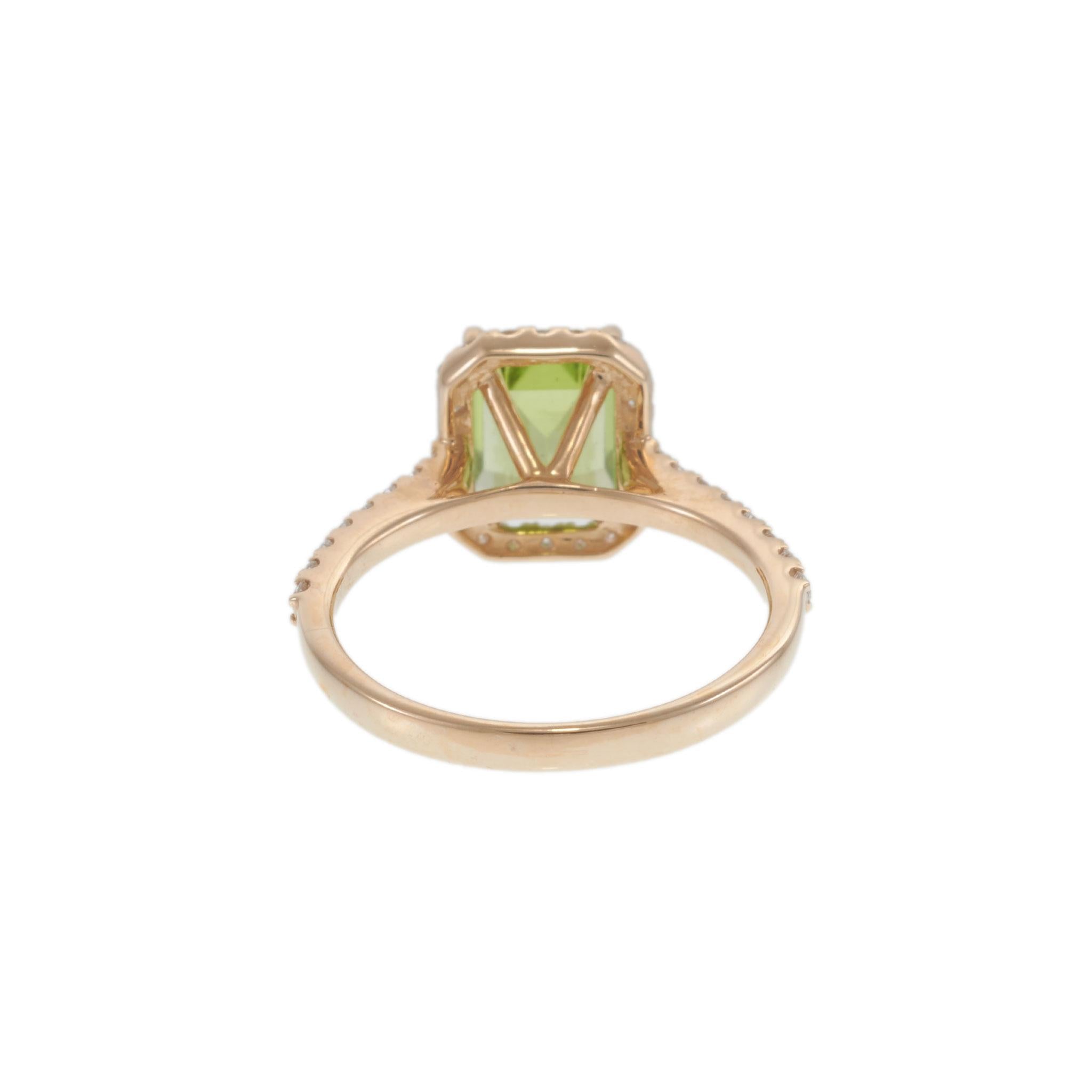 14KT Rose Gold Emerald Cut Peridot Diamond Halo Ring with Diamond Shank