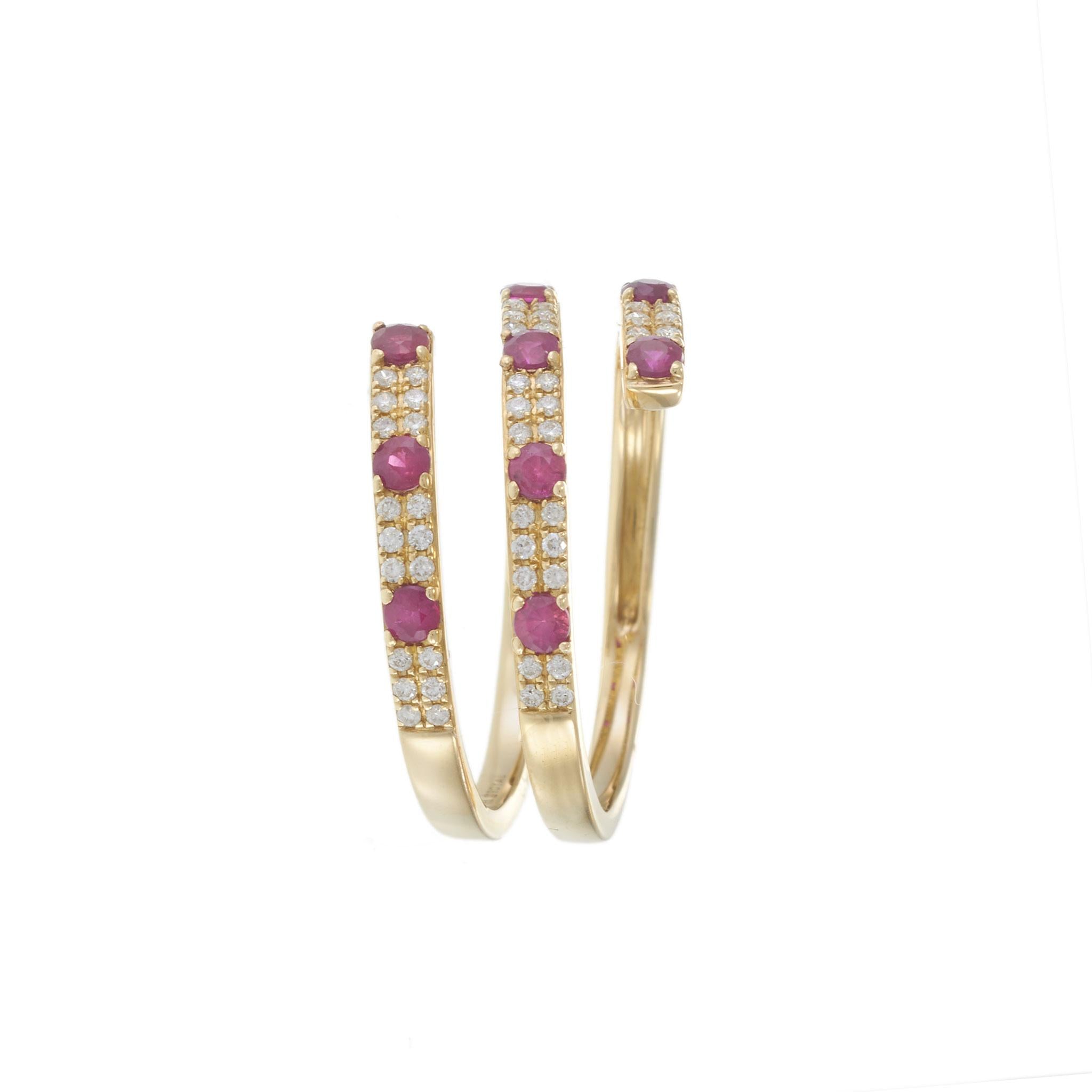 14KT Yellow Gold Ruby and Diamond Three Row Wrap Ring