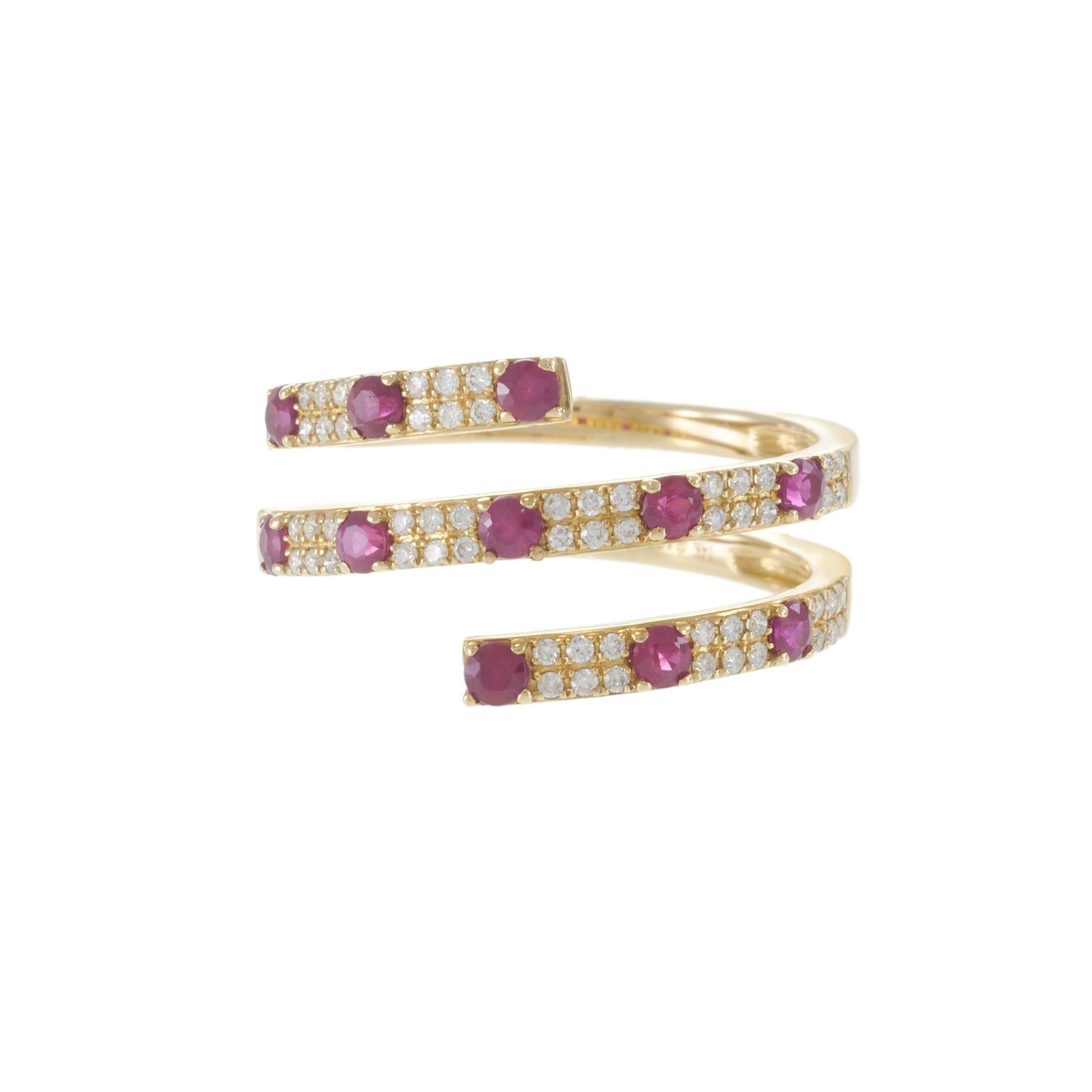 14KT Yellow Gold Ruby and Diamond Three Row Wrap Ring