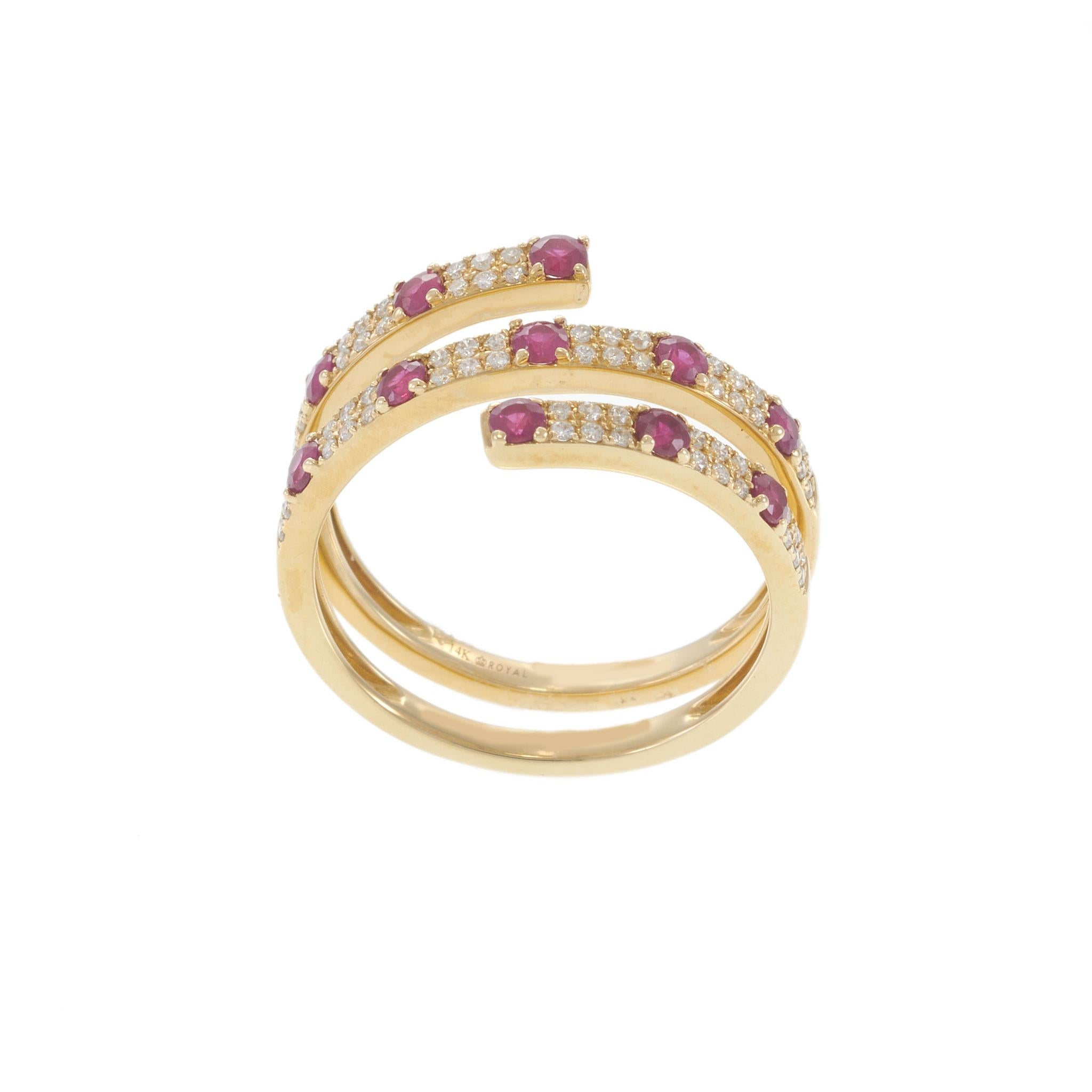 14KT Yellow Gold Ruby and Diamond Three Row Wrap Ring