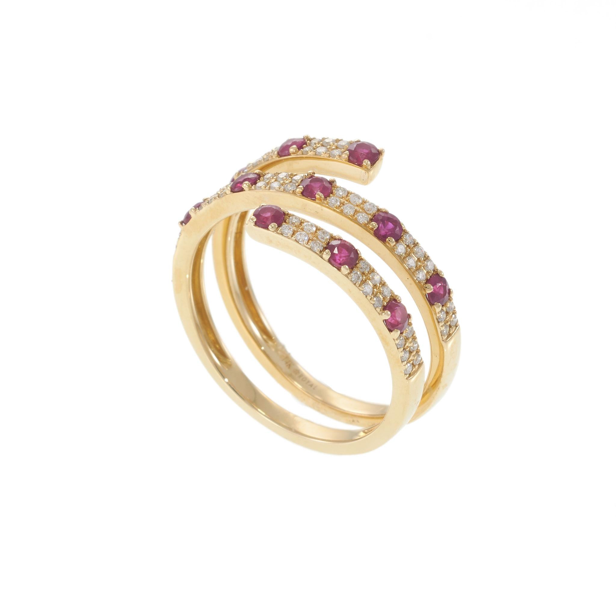 14KT Yellow Gold Ruby and Diamond Three Row Wrap Ring