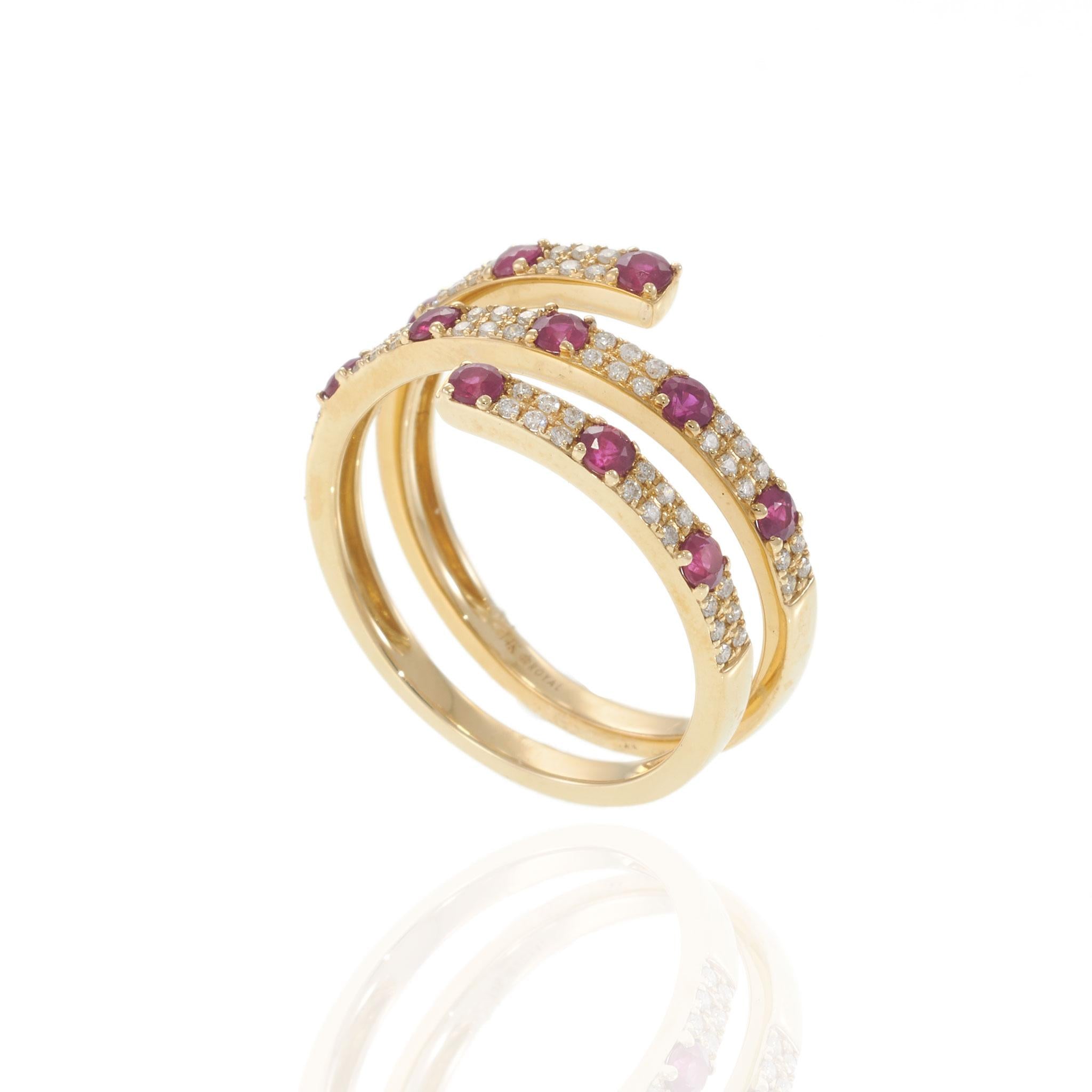 14KT Yellow Gold Ruby and Diamond Three Row Wrap Ring