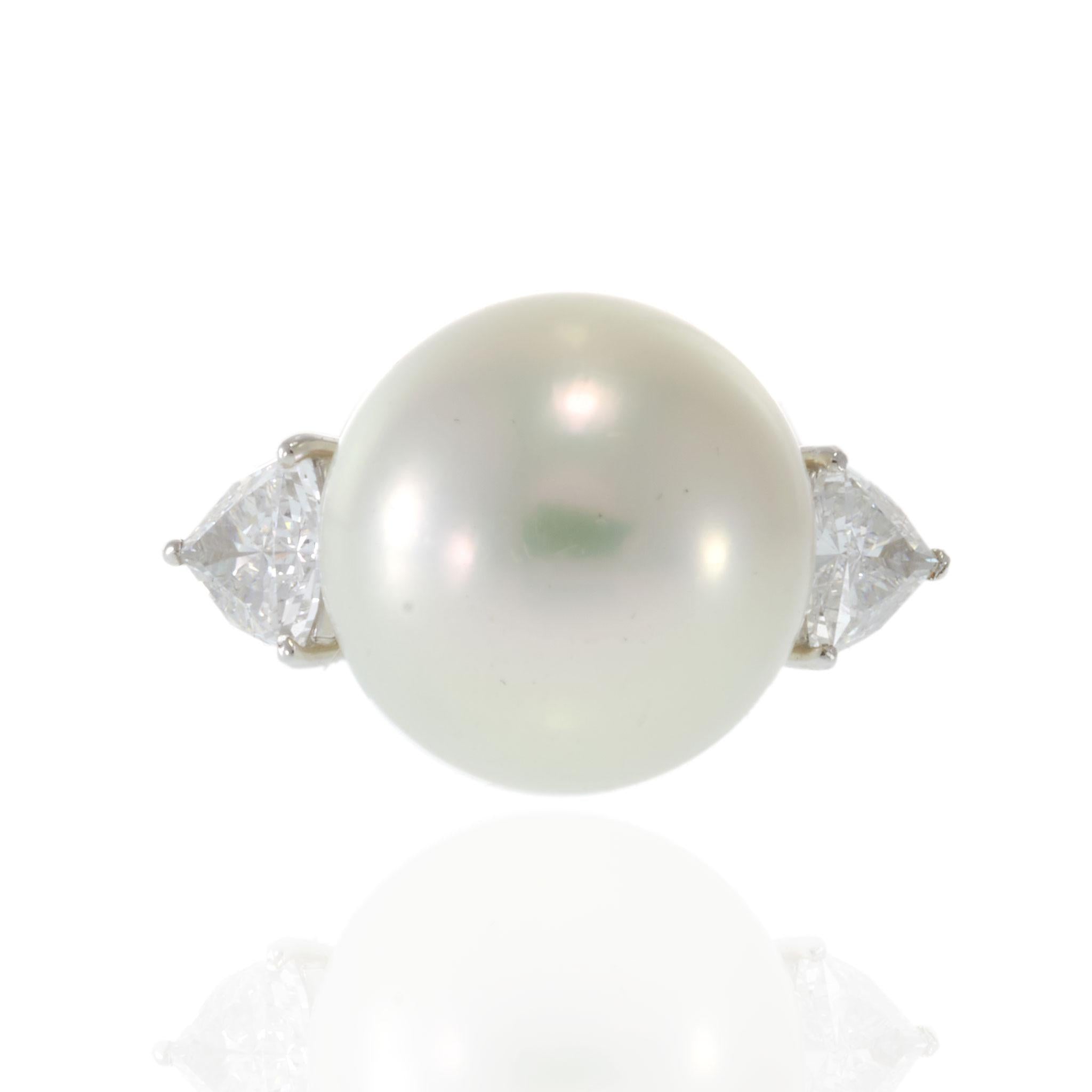 Platinum South Sea Pearl and Trillion Cut Diamond Ring