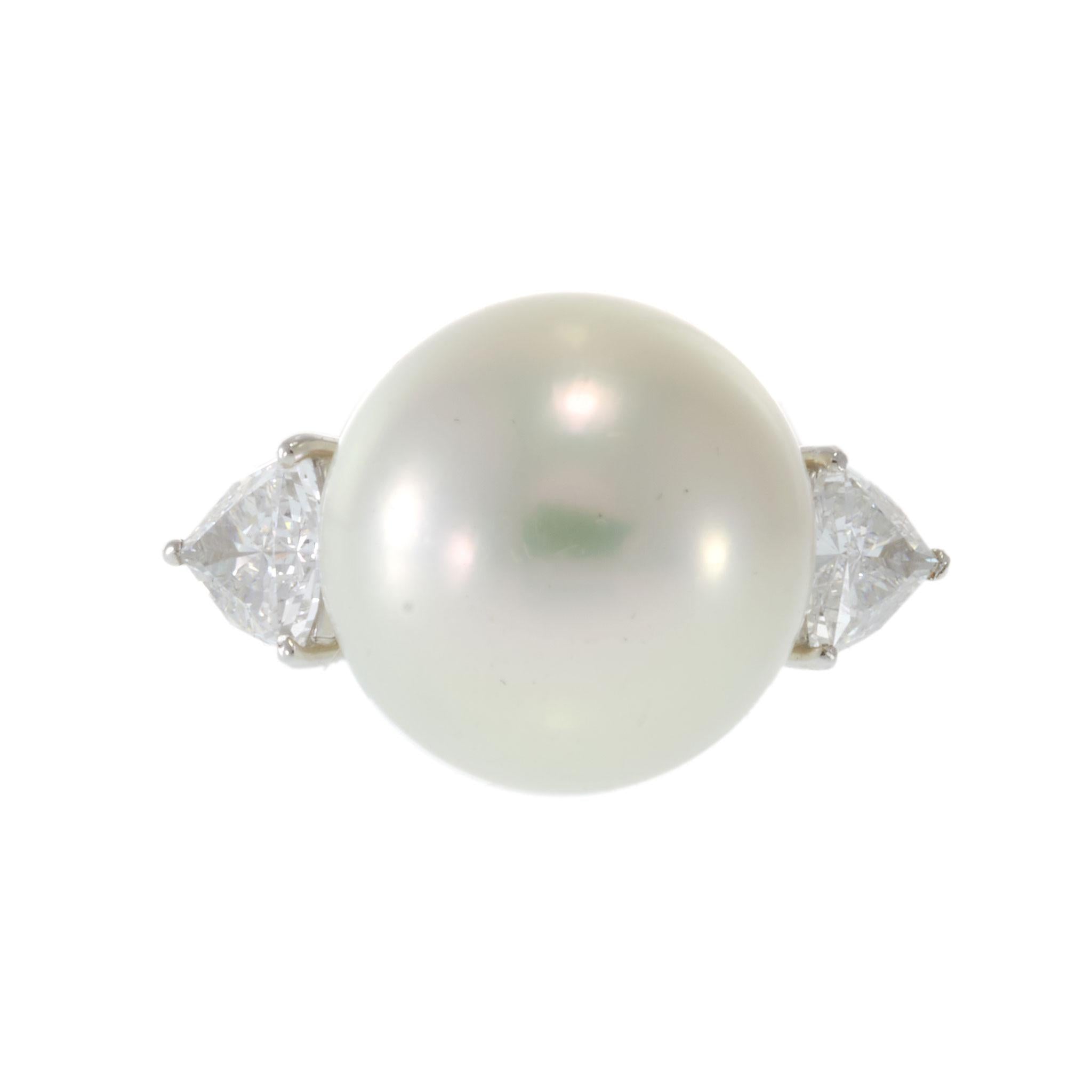 Platinum South Sea Pearl and Trillion Cut Diamond Ring