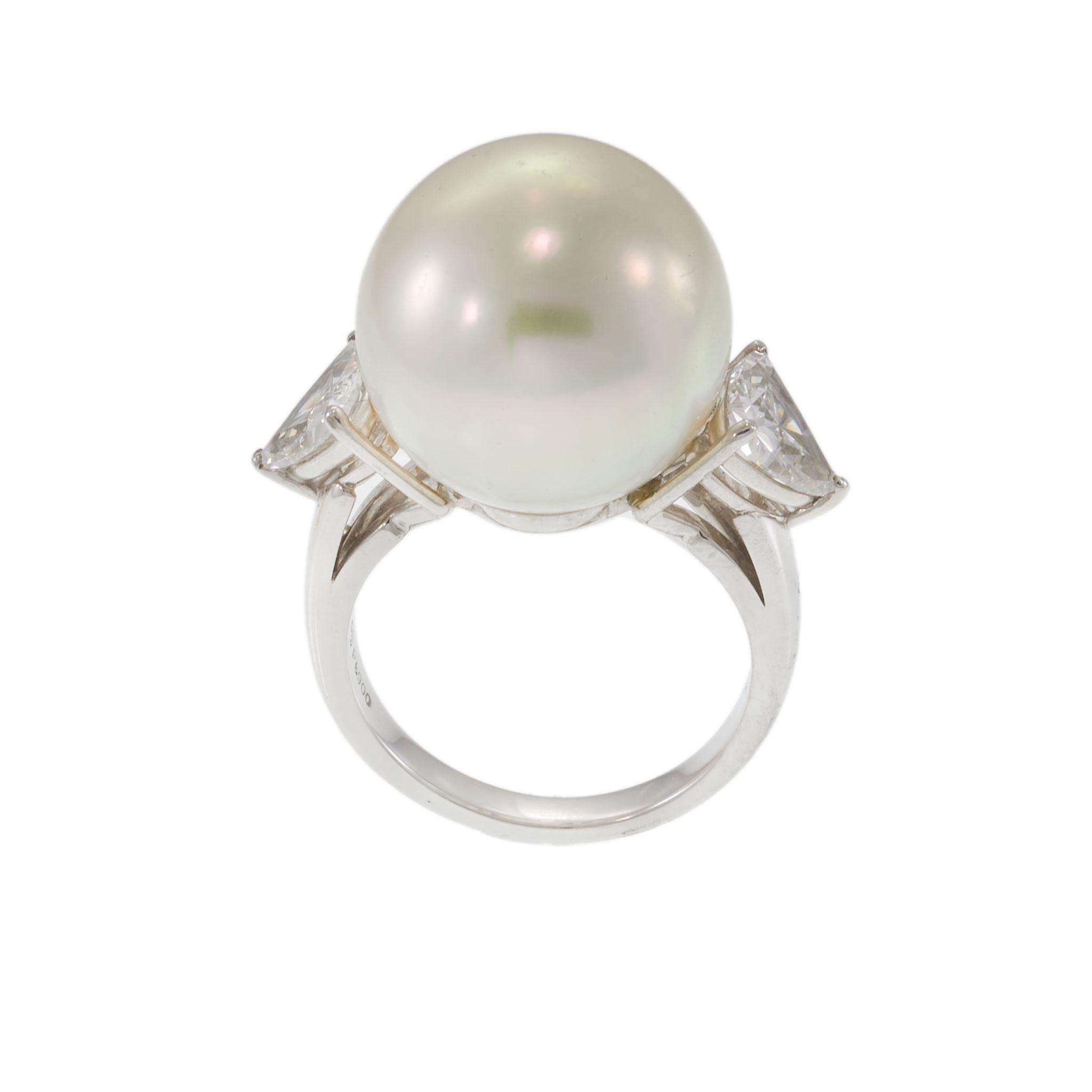 Platinum South Sea Pearl and Trillion Cut Diamond Ring