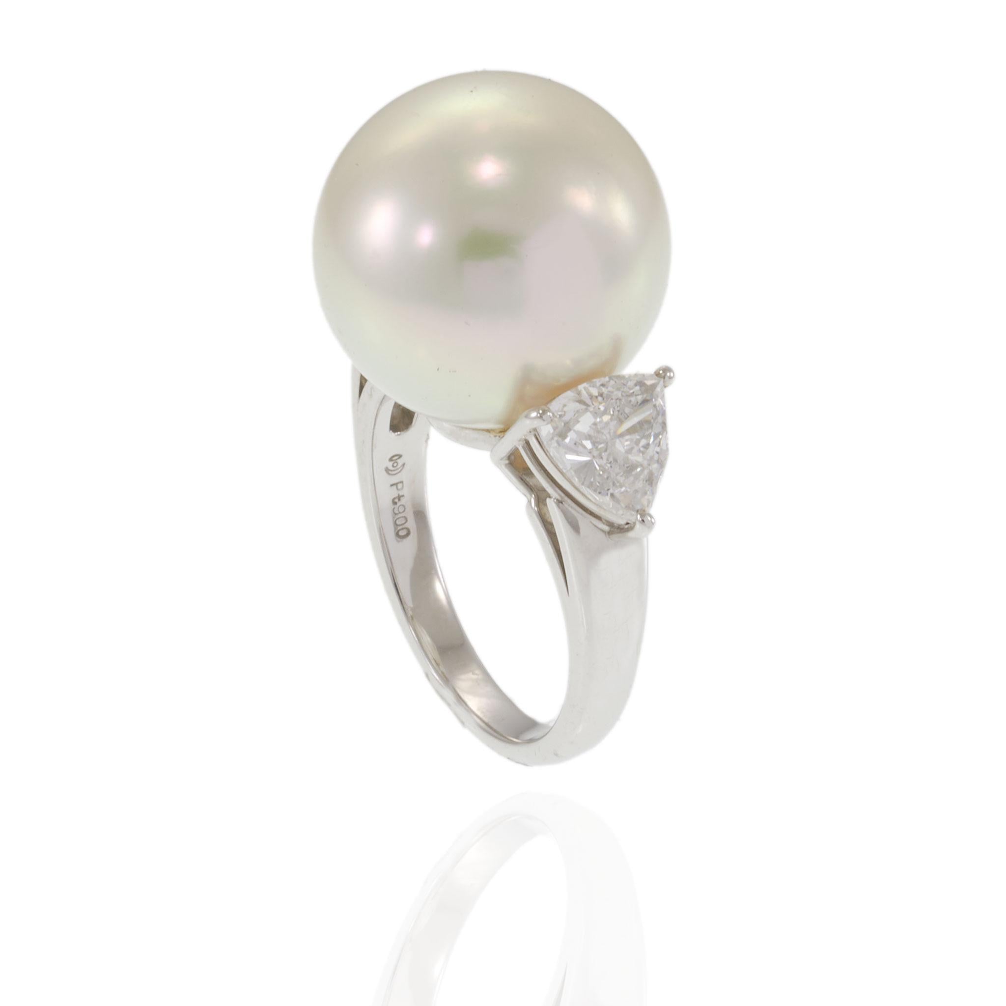 Platinum South Sea Pearl and Trillion Cut Diamond Ring