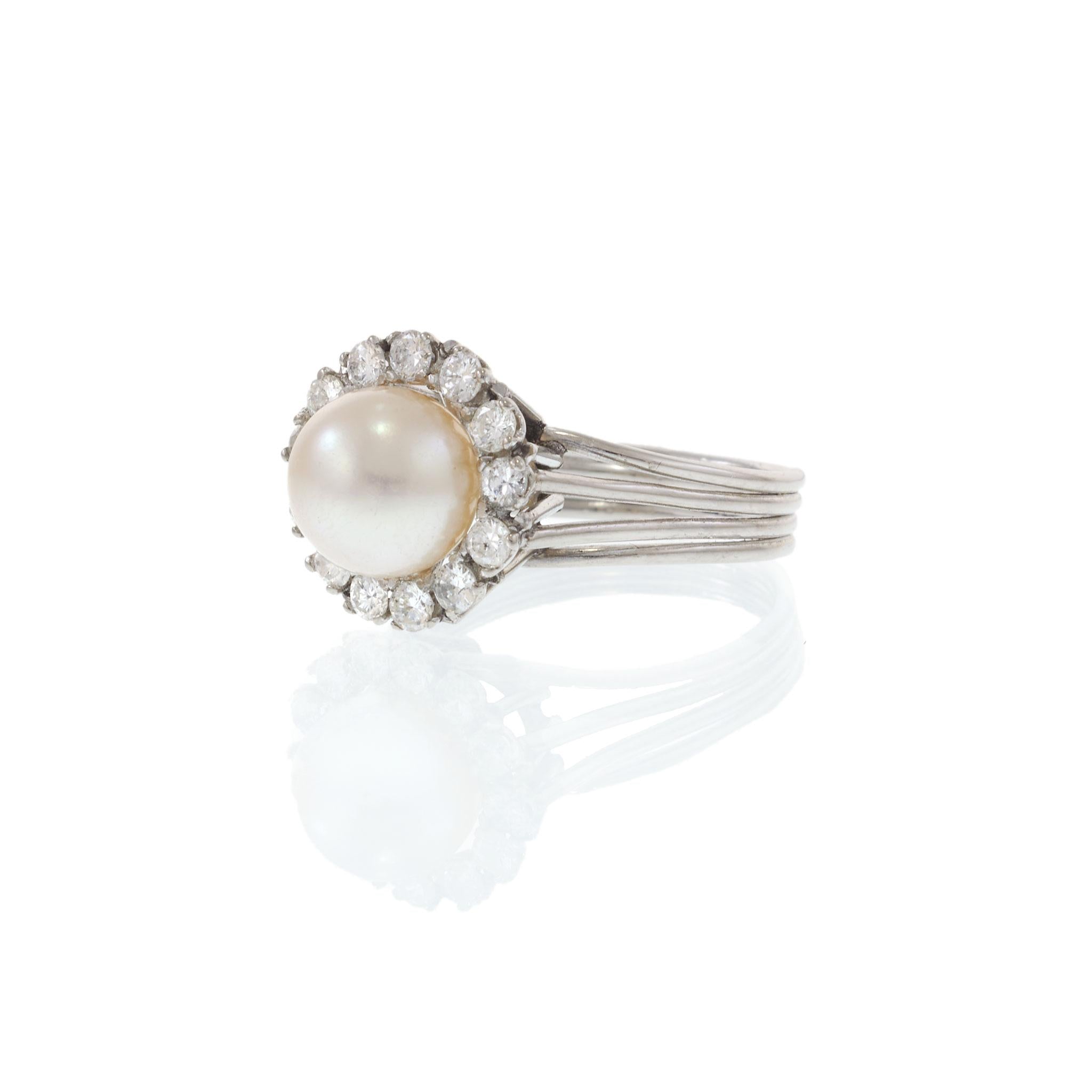 14KT White Gold Vintage Pearl and Diamond Halo Cocktail Ring