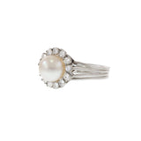 14KT White Gold Vintage Pearl and Diamond Halo Cocktail Ring