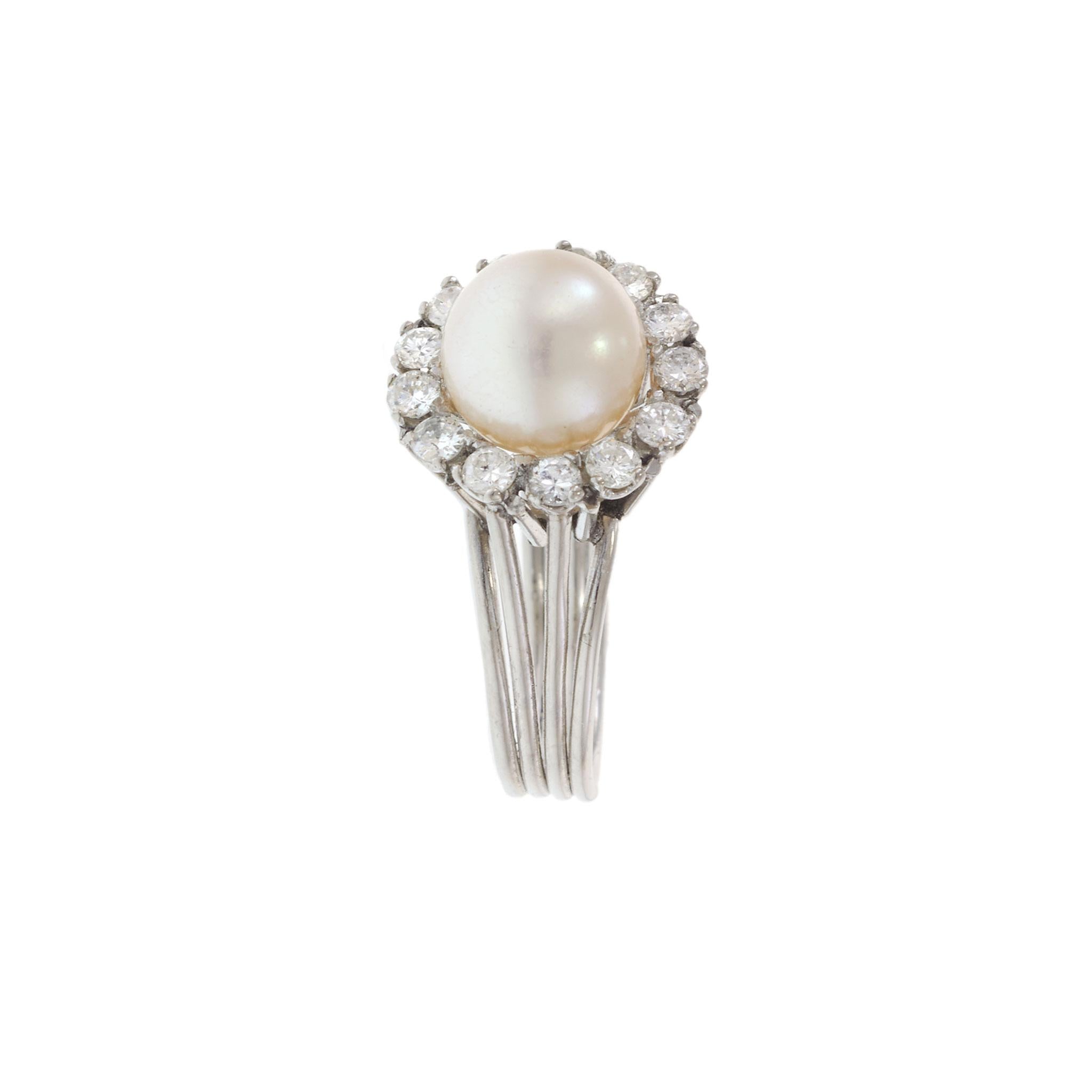14KT White Gold Vintage Pearl and Diamond Halo Cocktail Ring